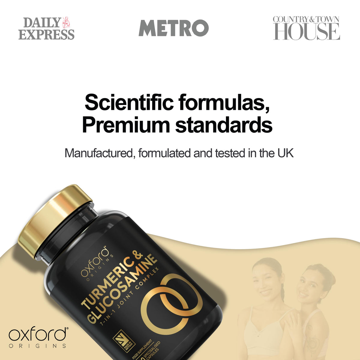 Oxford Origins 7-in-1 Turmeric and Black Pepper Capsules w/Glucosamine and Chondroitin High Strength | Made in the UK | High Absorption Tumeric Supplement | Glucosamine Sulphate & Turmeric Tablets | 120 Capsules