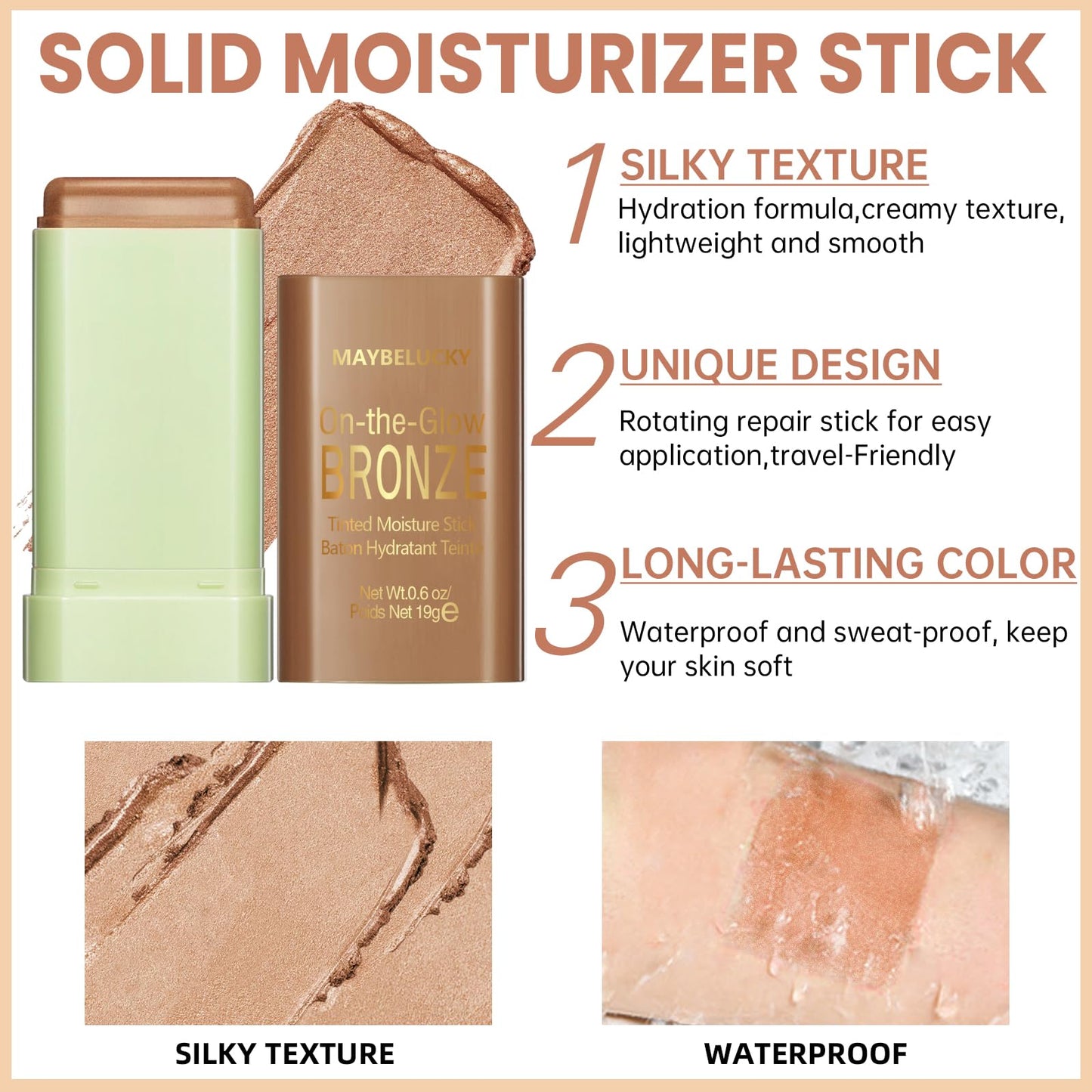 Noerrors Cream Contour Bronzer Stick for Cheeks Tint, Multi-Use Highlighter Blush Makeup Stick, Natural Glow Solid Moisture Blendable On-the-Go Shimmer Illuminator for Face Body Eyeshadow #02