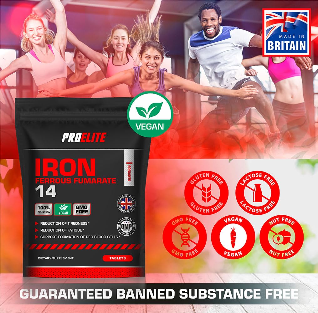 Iron Tablets High Strength 14mg - 365 Tablets - Vegan Iron Energy Tablets for Tiredness and Fatigue - High Absorption Iron Supplements for Women and Men - Made in The UK by PROELITE