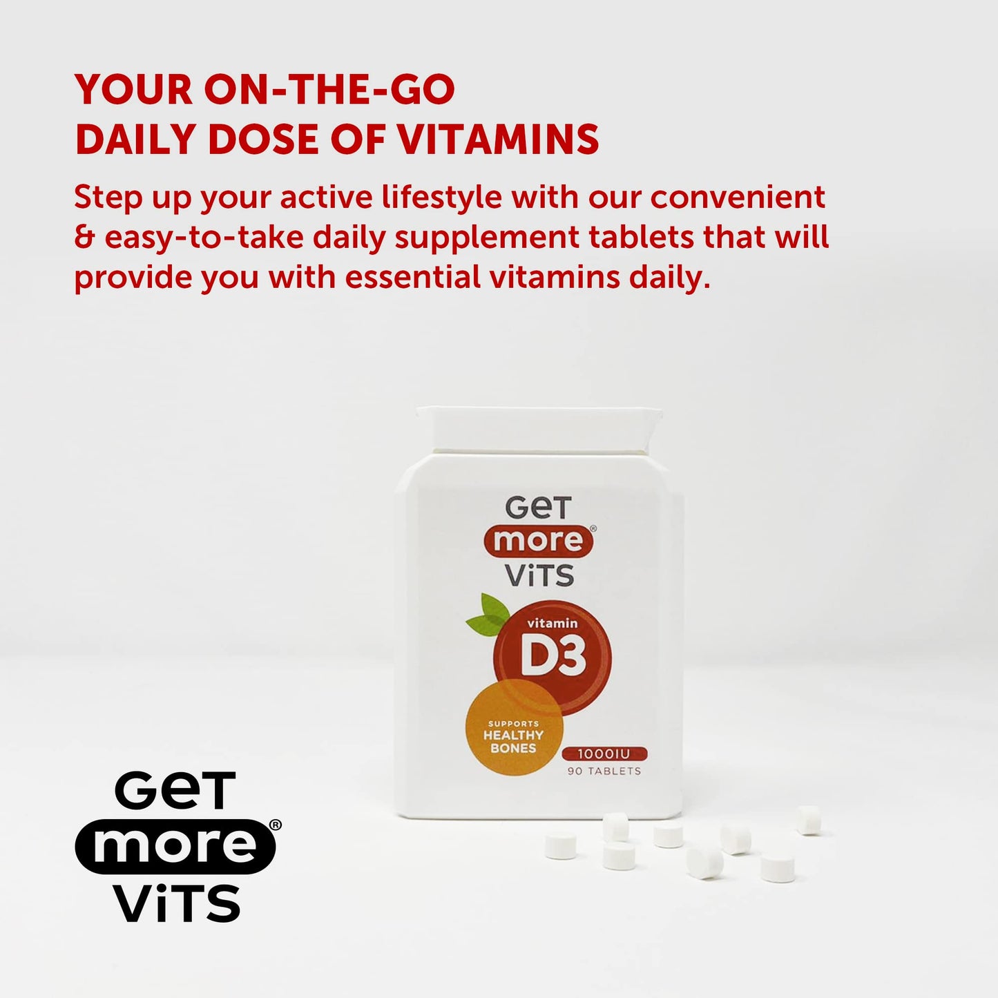 Get More Vits - Vitamin D3 Tablets (90 Tablets), 90 1,000IU Servings Per Bottle, Strengthens Bones, Teeth & Muscles, Promotes Calcium Absorption & Improves Immune System, Vegetarian, Food Supplement