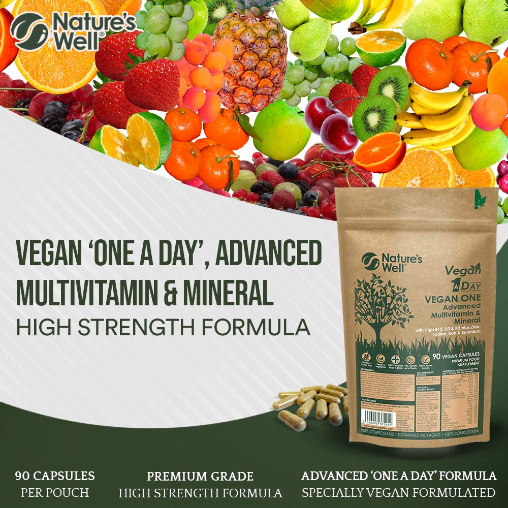 Nature's Well Vegan Multivitamins & Minerals with High Strength B12, D3 & K2, 90 Capsules – Halal & Kosher, Made in UK by Nature’s Well, Designed for Vegans & Vegetarians - Pouch