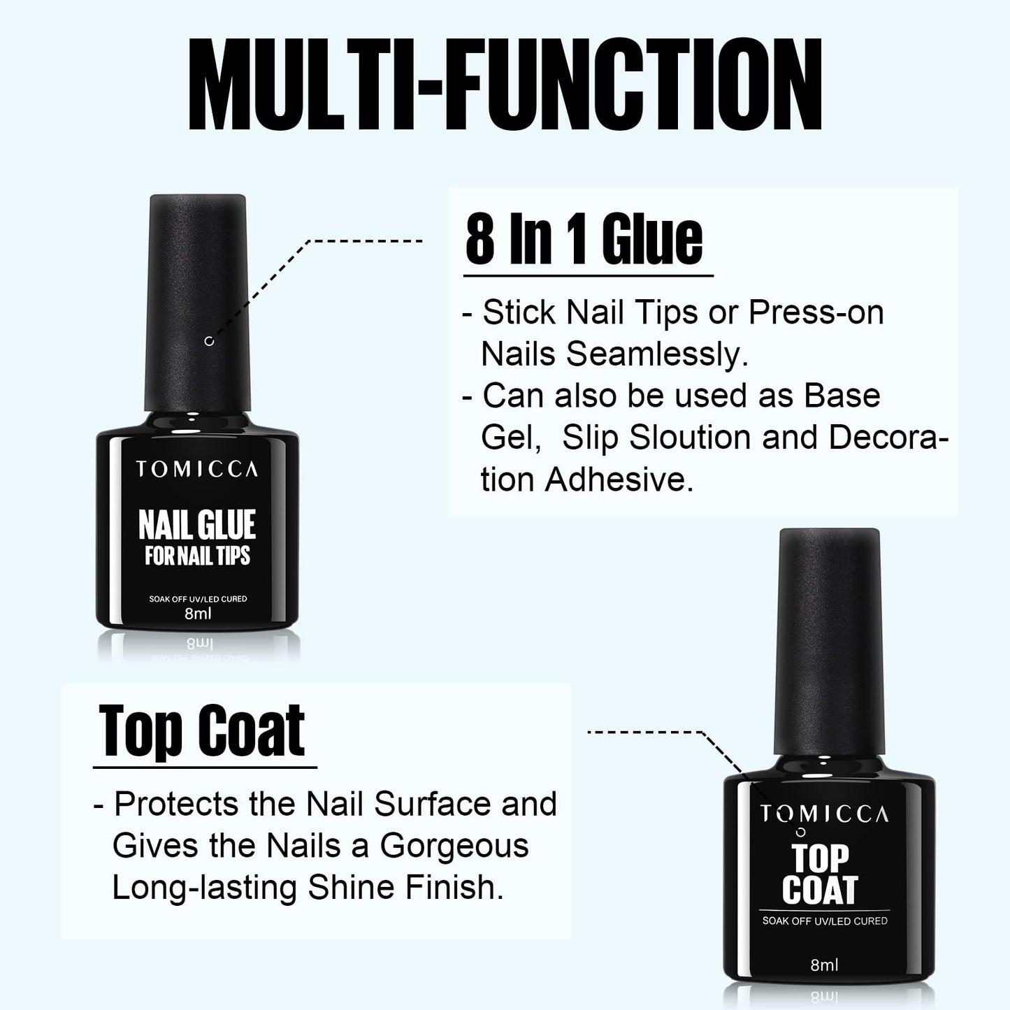 TOMICCA Gel Nail Glue Set, 8 in 1 Nail Glue and No Wipe Top Coat Kit for Acrylic Nails, Super Strong Brush On Nail Glue Gel and Top Coat for False Nails and Gel Nail Polish, UV/LED Lamp Cure Required