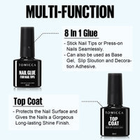 TOMICCA Gel Nail Glue Set, 8 in 1 Nail Glue and No Wipe Top Coat Kit for Acrylic Nails, Super Strong Brush On Nail Glue Gel and Top Coat for False Nails and Gel Nail Polish, UV/LED Lamp Cure Required
