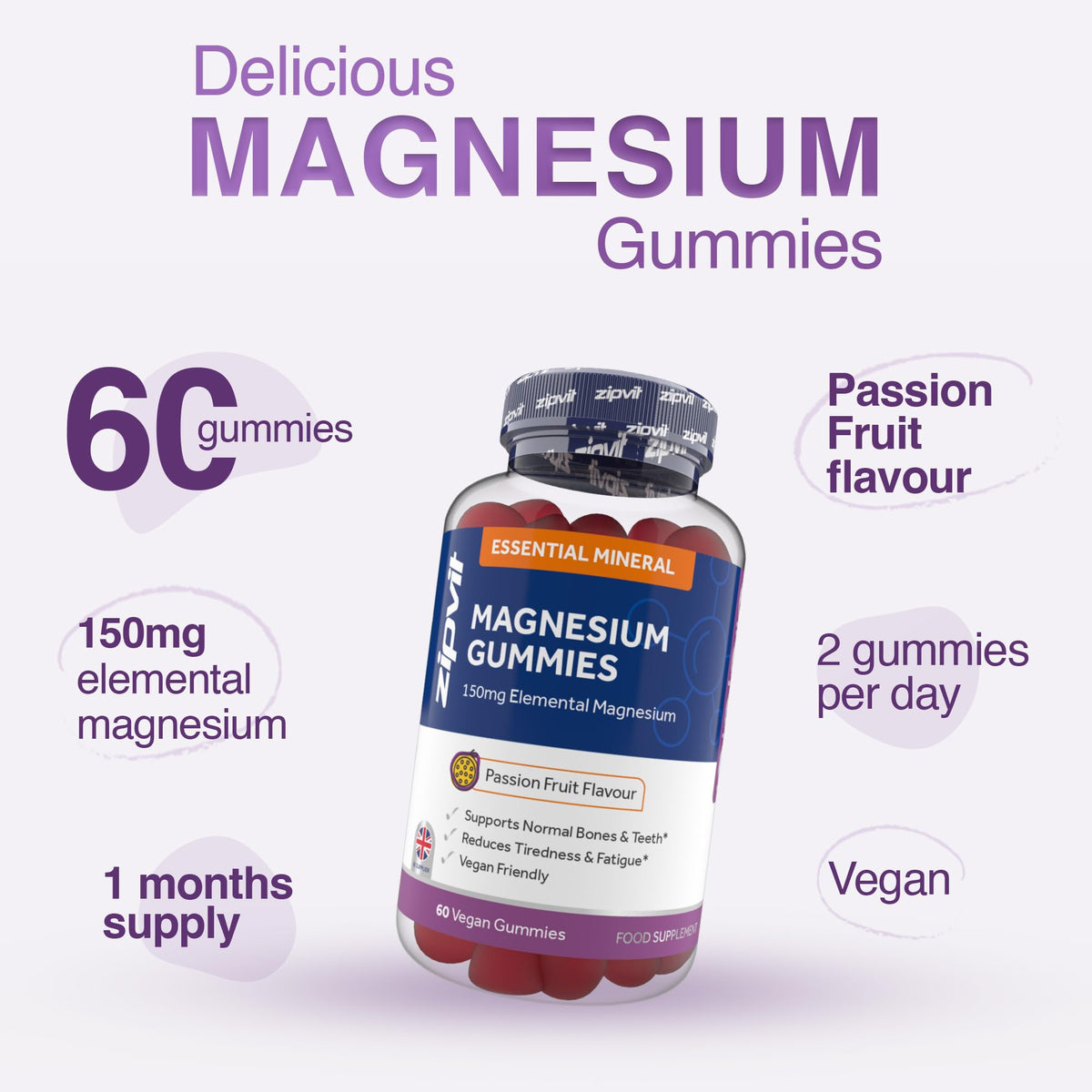 Zipvit Magnesium Gummies for Adults, 150mg Elemental Magnesium Citrate, Supports Energy, Muscle & Bone Health, Passionfruit Flavour, 60 Vegan Gummies, 1 Month Supply