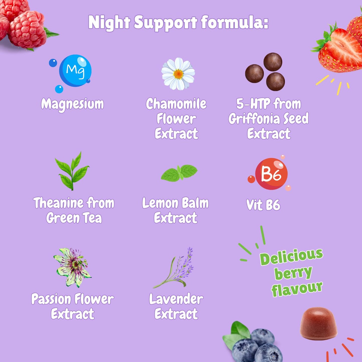Chewy Vites Adult Gummies Night Support 60 Gummy Vitamins |with 5-HTP,Magnesium, Theanine, Chamomile & Lavender | Non-Melatonin | Herbal Night Support |1 Months Supply | Berry Flavour