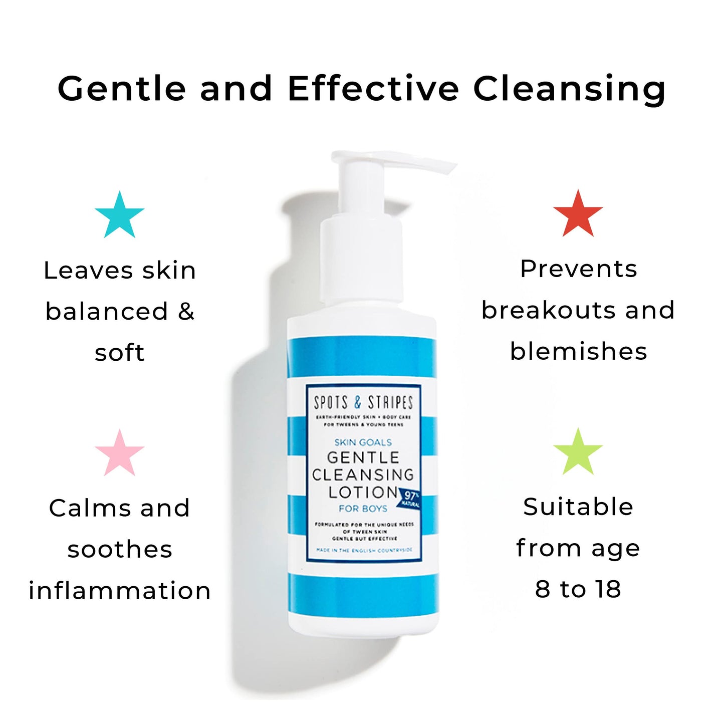 Spots & Stripes - Teen Skincare Duo for Boys, Effective and Natural Essentials for Teen and Young Skin, with Virgin Coconut, Cucumber and Aloe Vera, Super Gentle, Combats Blemishes (150ml and125ml)