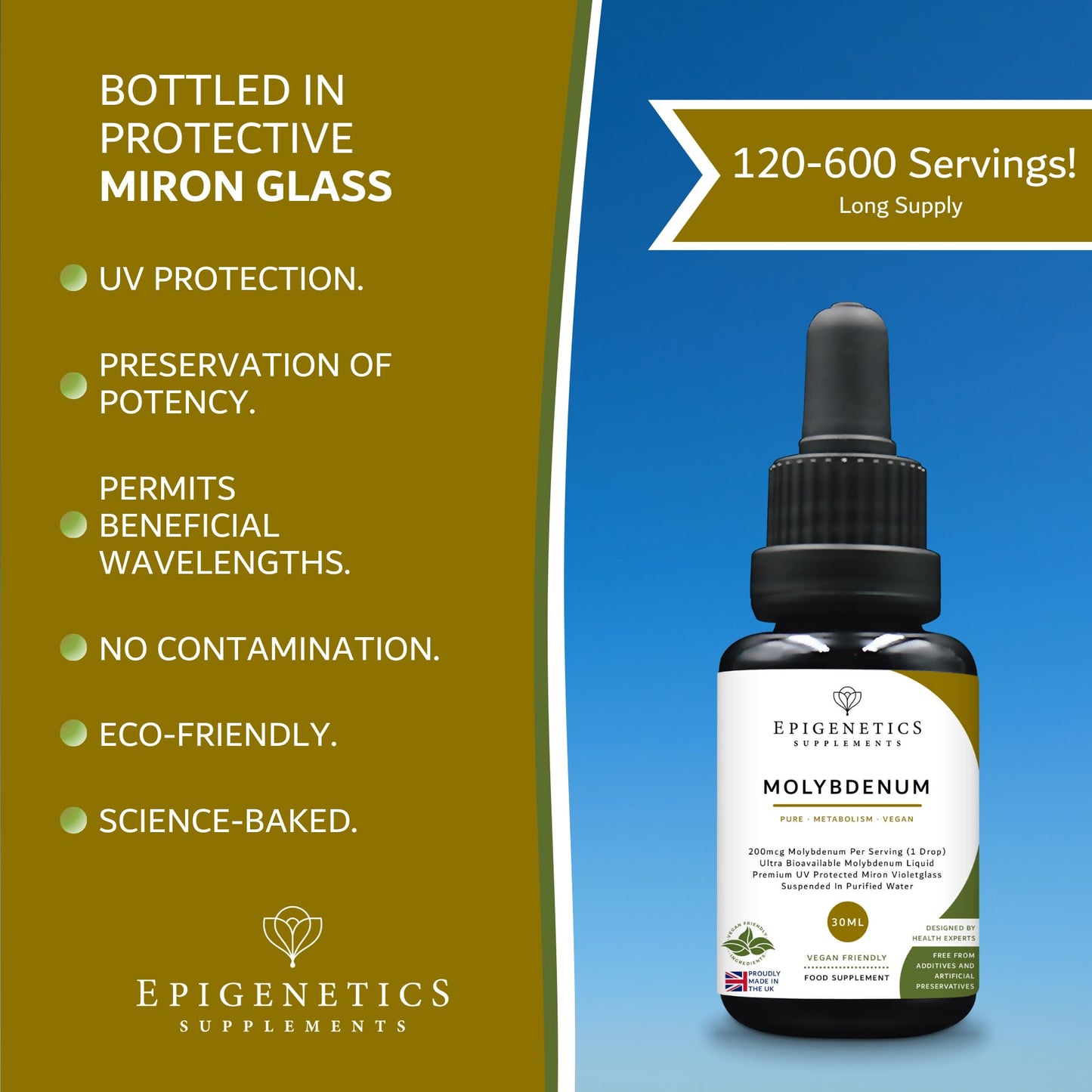 Epigenetics Molybdenum Liquid Supplement 30ml | 200mcg Per Drop | Highly Bioavailable | 6-Month Supply Without additives or flavourings | Made in The UK & Vegan Friendly