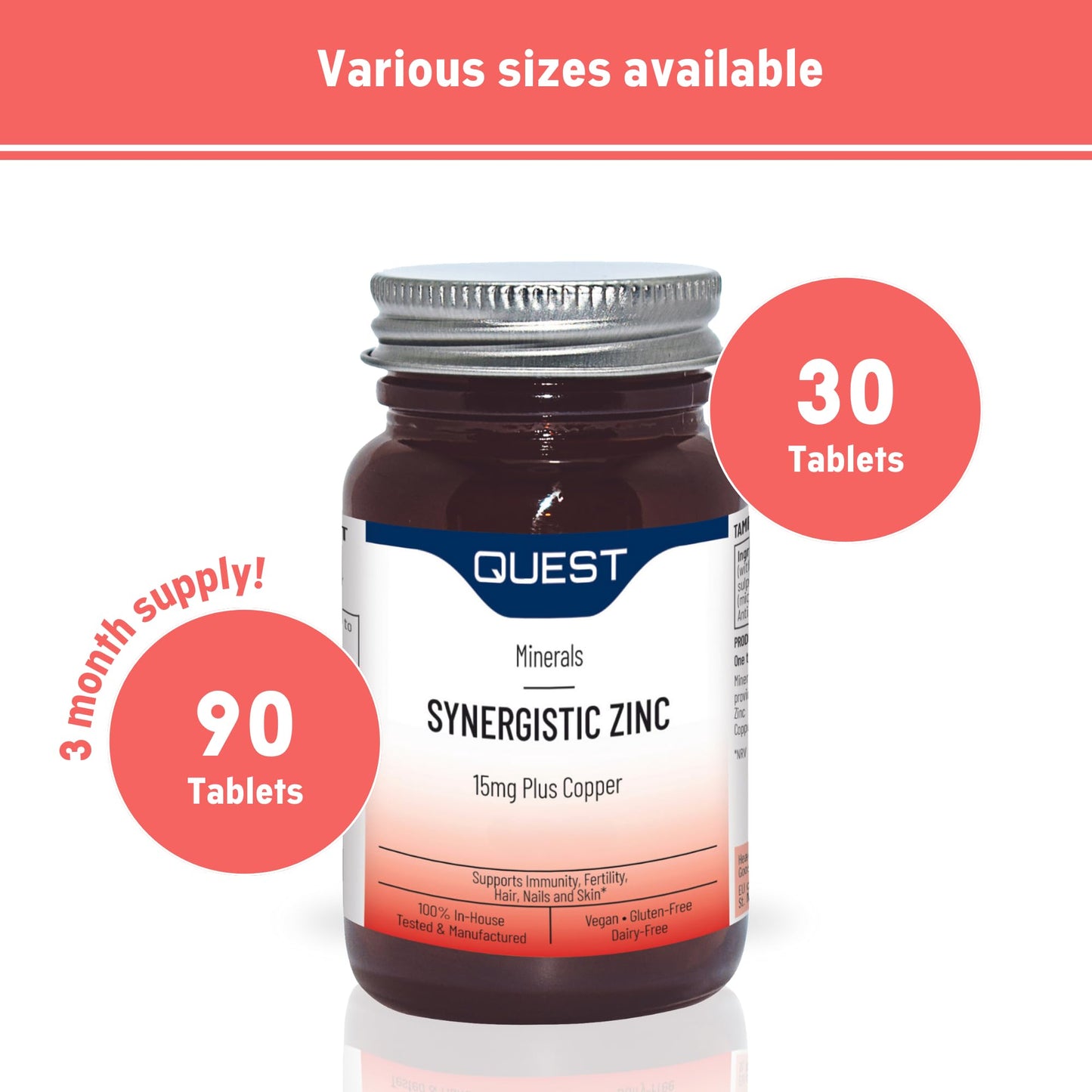 Quest - 30x 15mg Synergistic Zinc with Copper for Immune System Support & Hair, Skin & Nails Booster. Daily Vegan & Gluten Free Zinc Supplements Capsules for Immunity & Antioxidant (Pack of 1)