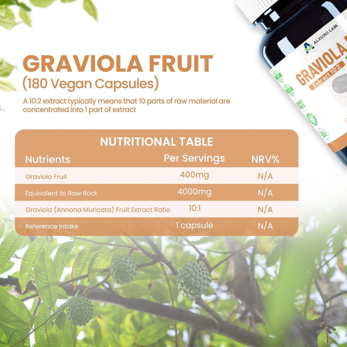 ALZURO LABS Alzuro Labs Soursop (Graviola) | 4,000mg Equivalent | 400mg 10:1 Fruit Extract | 180 Vegan Capsules | Annona muricata | GMP & 3rd Party Lab Tested