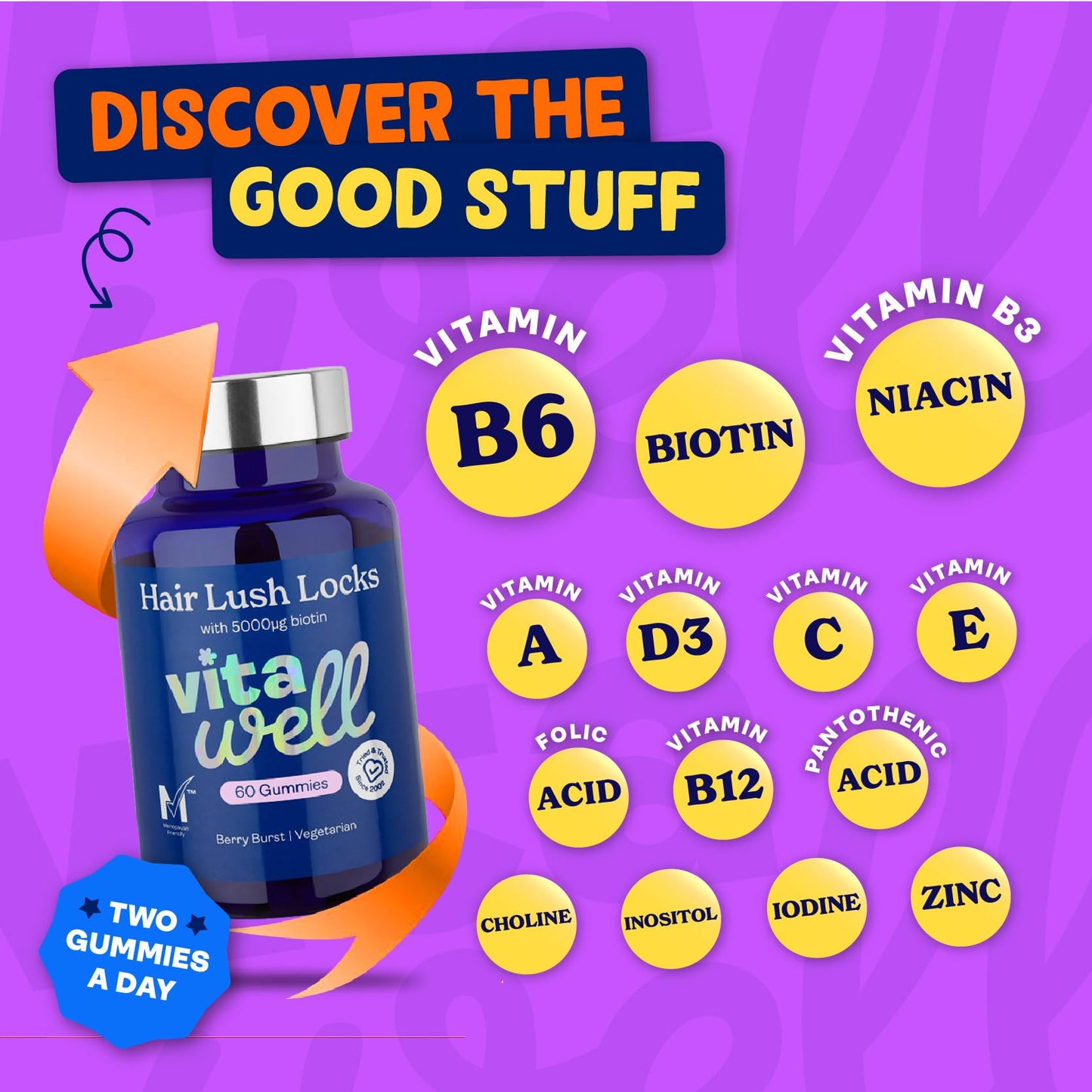 Vitawell Hair Lush Locks Gummies - Hair Growth + Skin + Nails Vitamins Chews | Complex Formula 5000µg Biotin + Zinc + Vitamin A, D3, C, B12 | 60 Berry Burst Flavour | Supplement for Men & Women