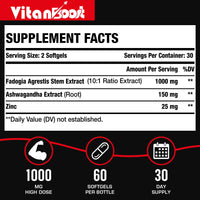 Vitanboost Fadogia Agrestis 1000mg with Ashwagandha & ZINC- Maximum Strength Fadogia Agrestis Extract Supplements - Drive, Athletic Performance & Muscle Mass - Gluten Free, Non-GMO, 120 Softgels