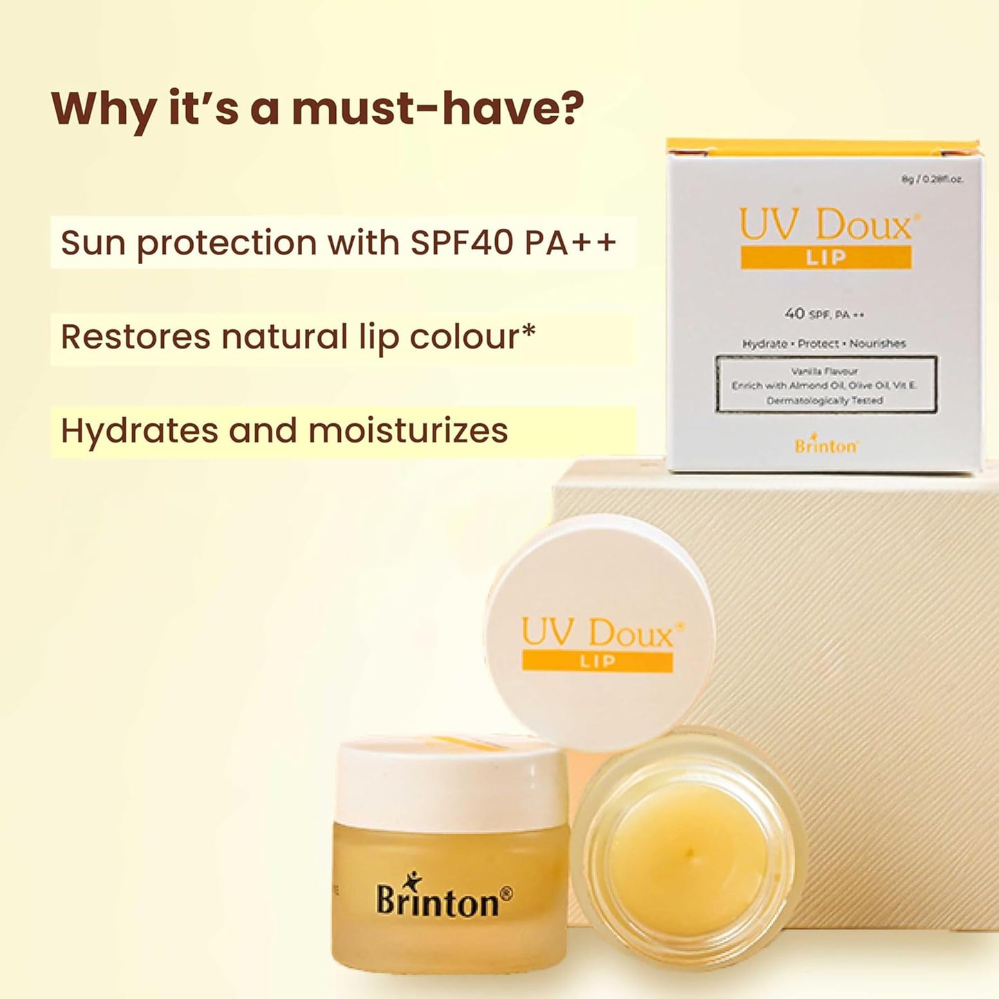 Brinton UV Doux Lip Balm SPF40 | Hydrates and Protects Lips with Almond Oil, Olive Oil and Vitamin E