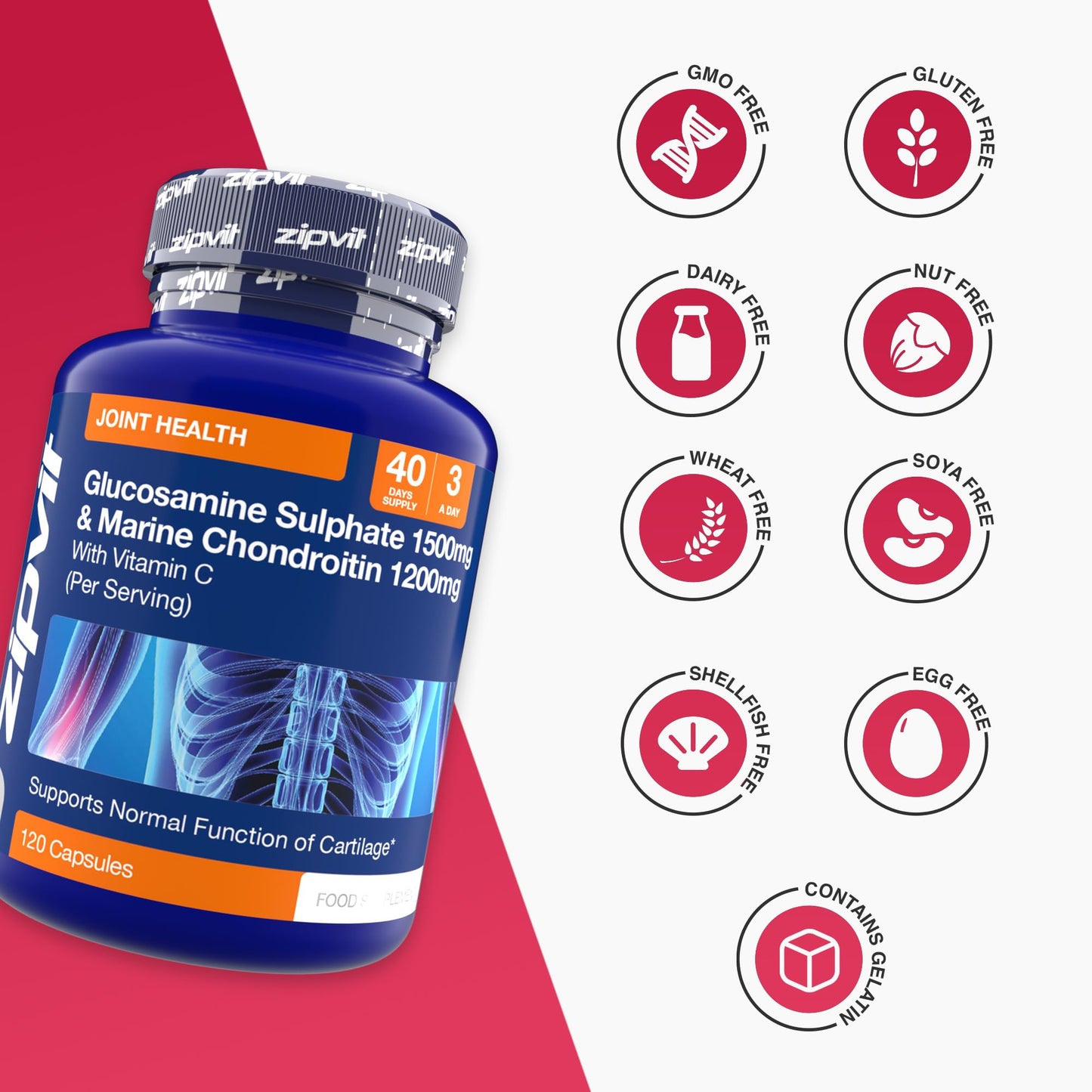 Zipvit Glucosamine and Chondroitin High Strength with Glucosamine Sulphate 1500mg, Marine Chondroitin 1200mg and Vitamin C, Joint Care Supplements for Men and Women, 120 Capsules