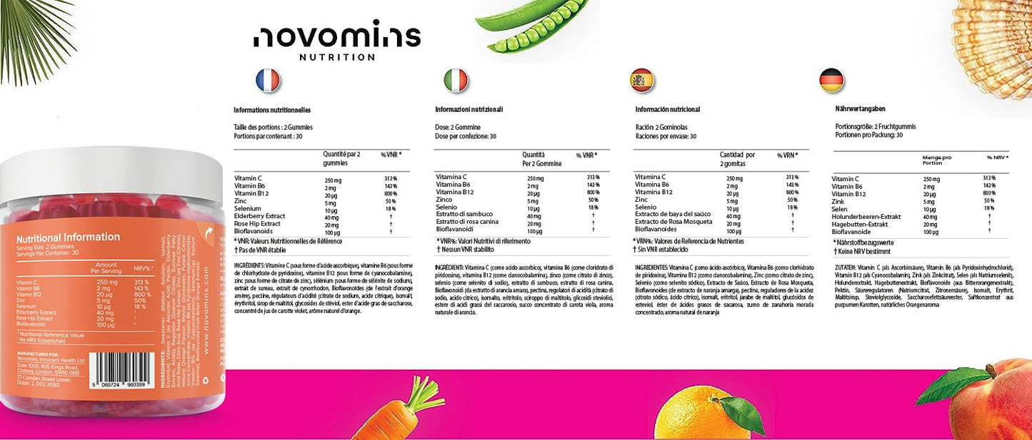 novomins Vitamin C Gummies Sugar Free – 250 mg High Strength Vitamin C for Adults – with Added Bioflavonoids, Rose Hip, Elderberry & Zinc - Immune System Support - Vegan- Gluten Free - by Novomins