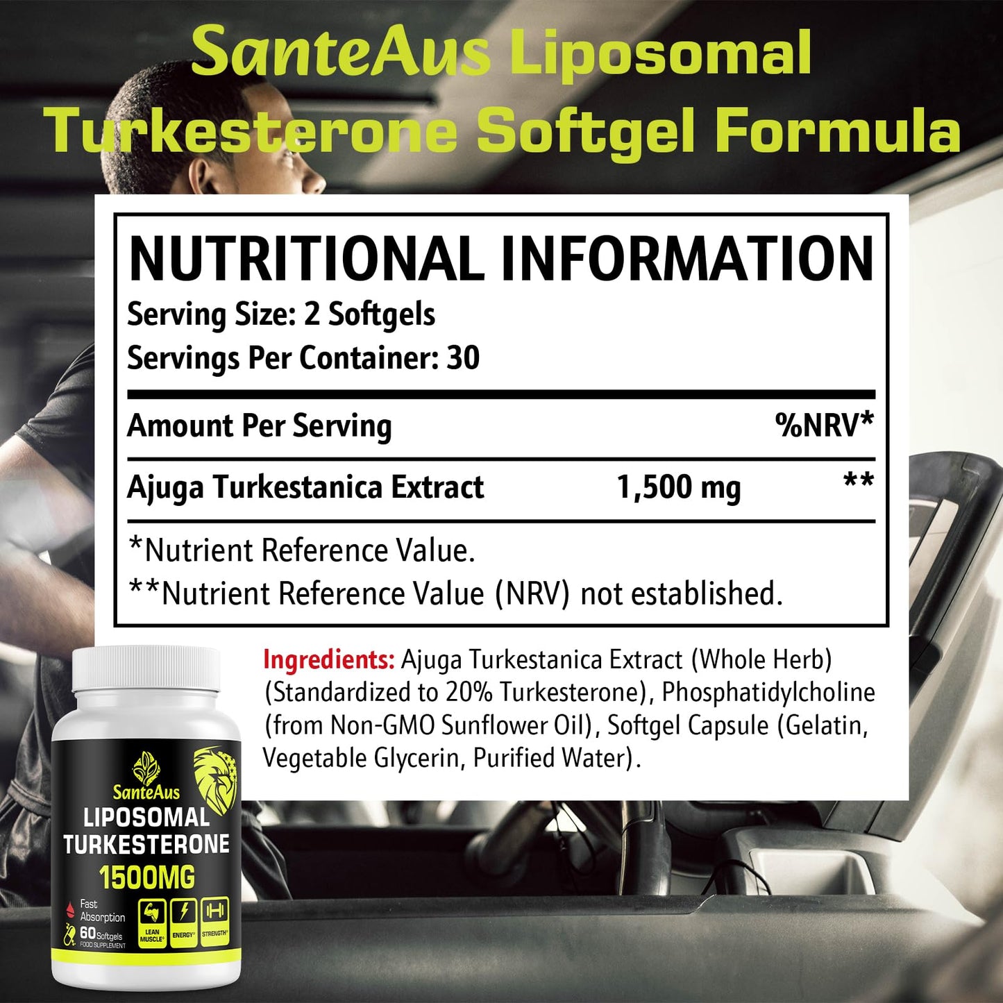 SanteAus Liposomal Turkesterone Capsules 1500mg Supplement, Max Strength Ajuga Turkestanica Extract, Standardized to 20% Turkesterone, Optimal Absorption, Muscle Growth & Recovery, Gluten Free, Fillers Free