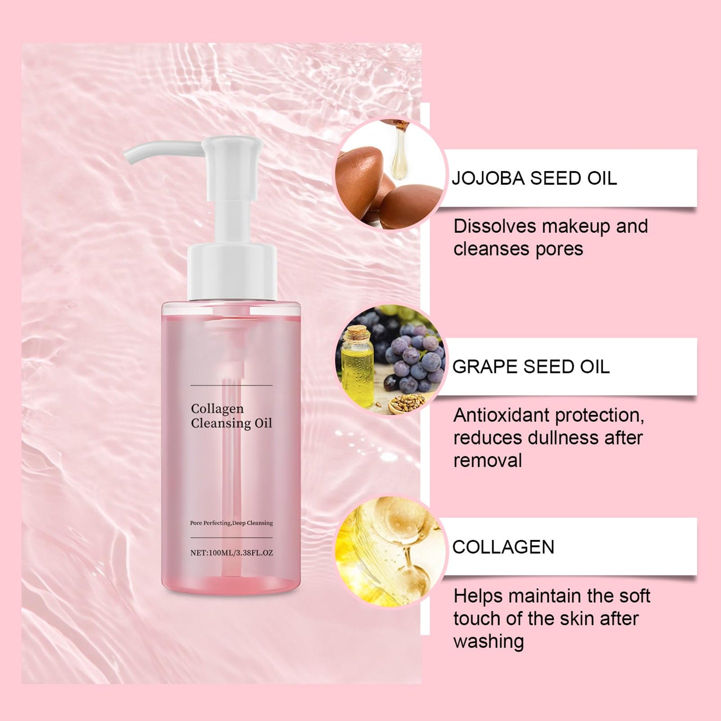 Collagen Cleansing Oil - Natural Facial Oil Cleanser - Oil Cleanser for SPF & Make-Up Removal - Oil C-leanser Korean Improves Texture & O-il Balance- Vegan, Sensitive Skin-Friendly Korean Skincare