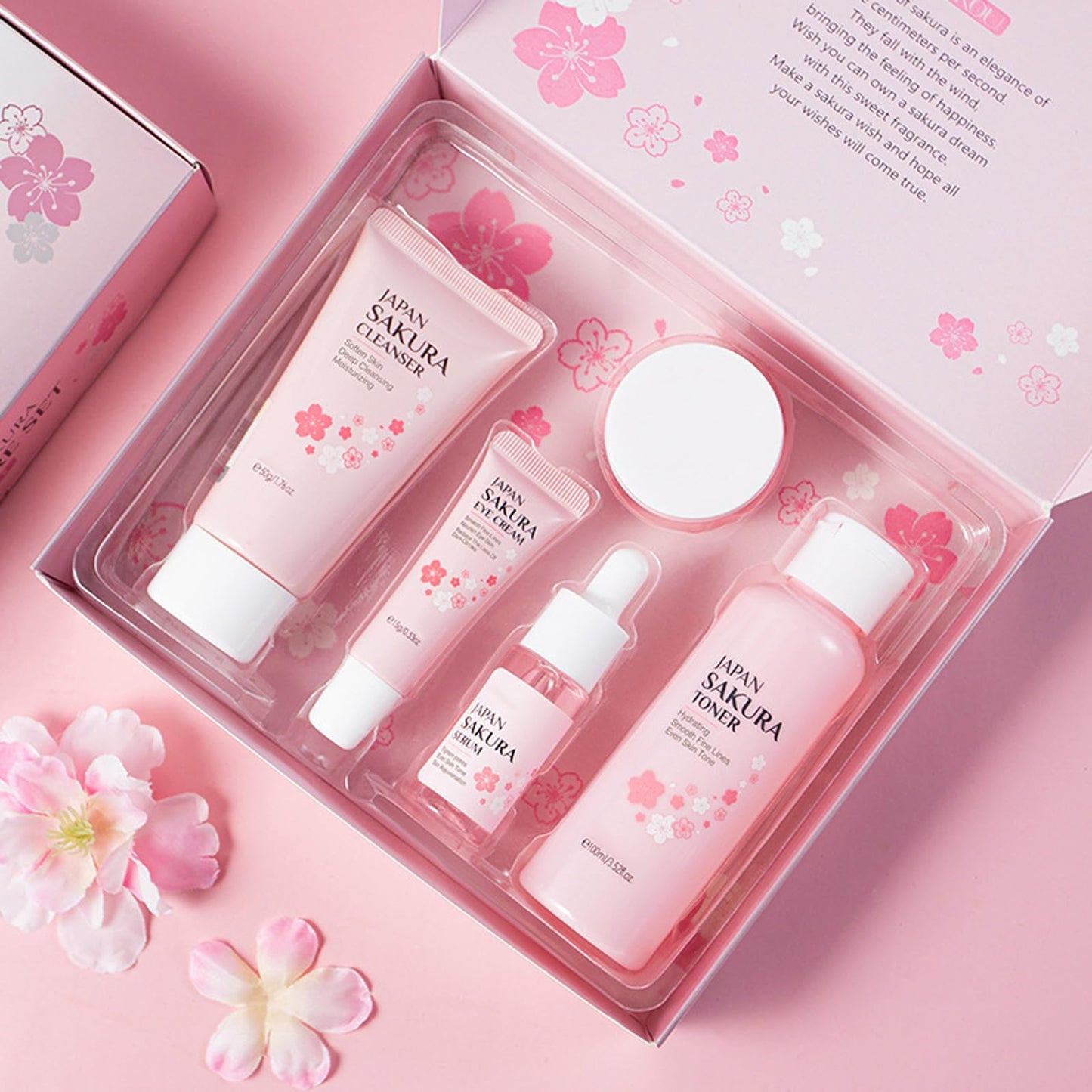 Shengqialun Skin Care Sets & Kits, Cherry Blossom Skin Care for Teenage Girls, Skincare Gift Set with Cleanser, Toner, Serum, Essence Cream,Eye Cream, Skin Essentials Travel Kit All Skin Types