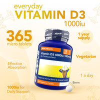 Zipvit Vitamin D 1000IU, 1 Year Supply, 365 Vegetarian D3 Tablets, High Absorption, Easy-to-Swallow Vitamin D Tablets for Immune, Bone & Muscle Health