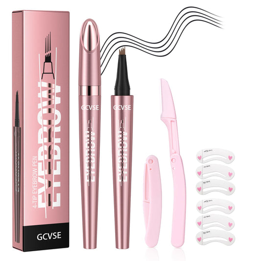 GCVSE Eyebrow Pencil, Rose Gold Microblading Eyebrow Pencil with 4 Micro-Fork Tips, Long-Lasting Brow, Waterproof, Smudgeproof Brow Pen - Easy Creation of Natural Looking Defined Eyebrows (Black)