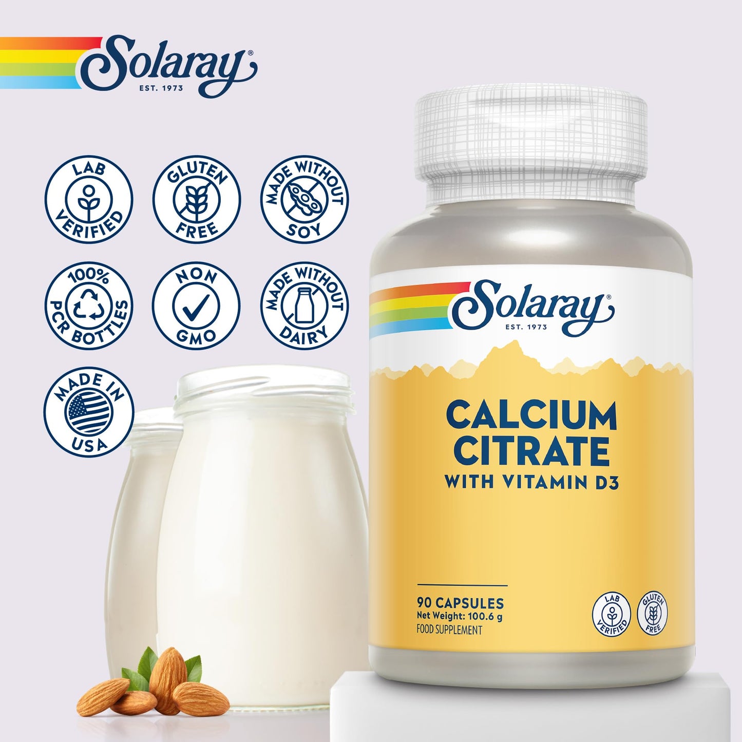 SOLARAY Calcium with Vitamin D3-90 Capsules - Vitamin D 400IU and Calcium Citrate 1000mg Supplement - Gentle Formula for Enhanced Absorption - Lab Verified - Solaray