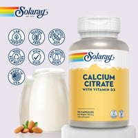 SOLARAY Calcium with Vitamin D3-90 Capsules - Vitamin D 400IU and Calcium Citrate 1000mg Supplement - Gentle Formula for Enhanced Absorption - Lab Verified - Solaray