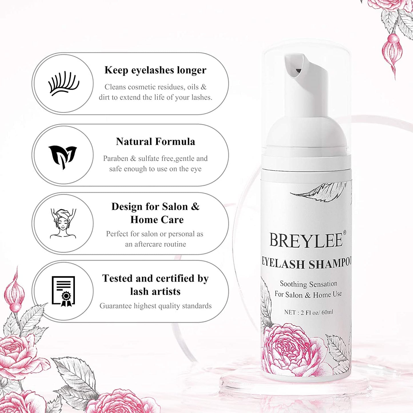 BREYLEE Lash Shampoo Kit 60ml, Rinse Bottle & 2 Brushes, for Extensions
