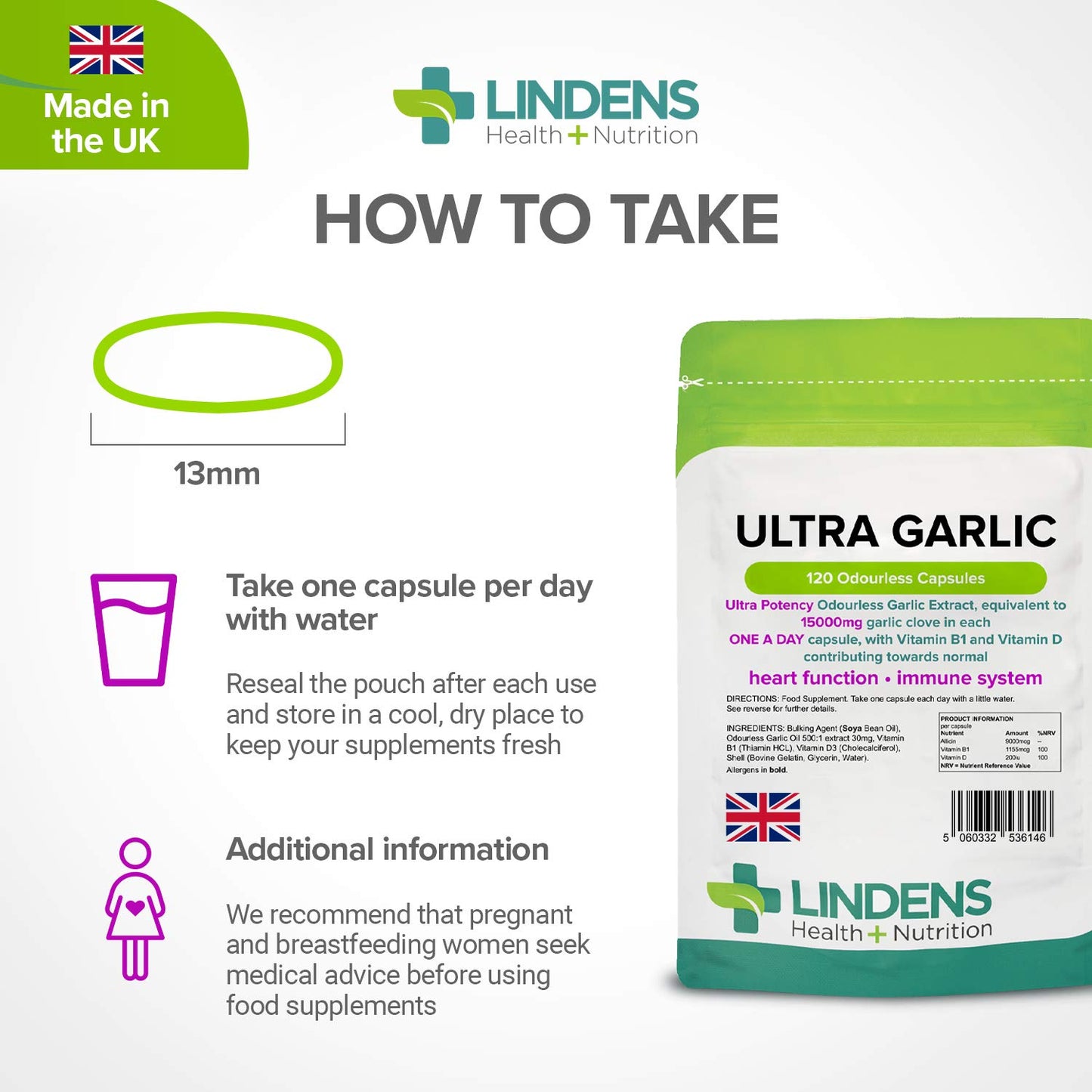 Lindens Ultra Garlic 15000mg Odourless Capsules 120 Pack - UK Made - Vitamin B1 and D3 for Normal Muscle Function, Heart and Immune Health (10500mcg Allicin) - Letterbox Friendly