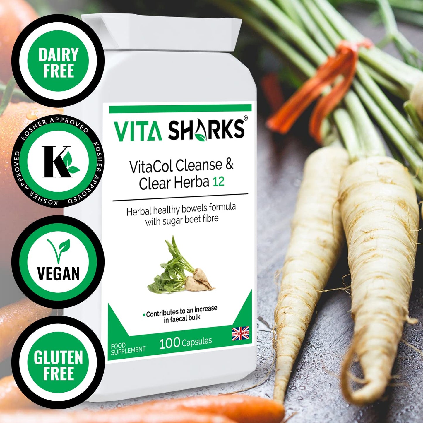 Vita Sharks VitaCol Cleanse & Clear Herba 12 - Fibre Enriched Vegetarian Herbal Colon Cleansing Formula. Increase Faecal Bulk with 12+ Kosher Herbal Ingredients