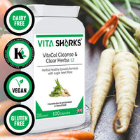 Vita Sharks VitaCol Cleanse & Clear Herba 12 - Fibre Enriched Vegetarian Herbal Colon Cleansing Formula. Increase Faecal Bulk with 12+ Kosher Herbal Ingredients