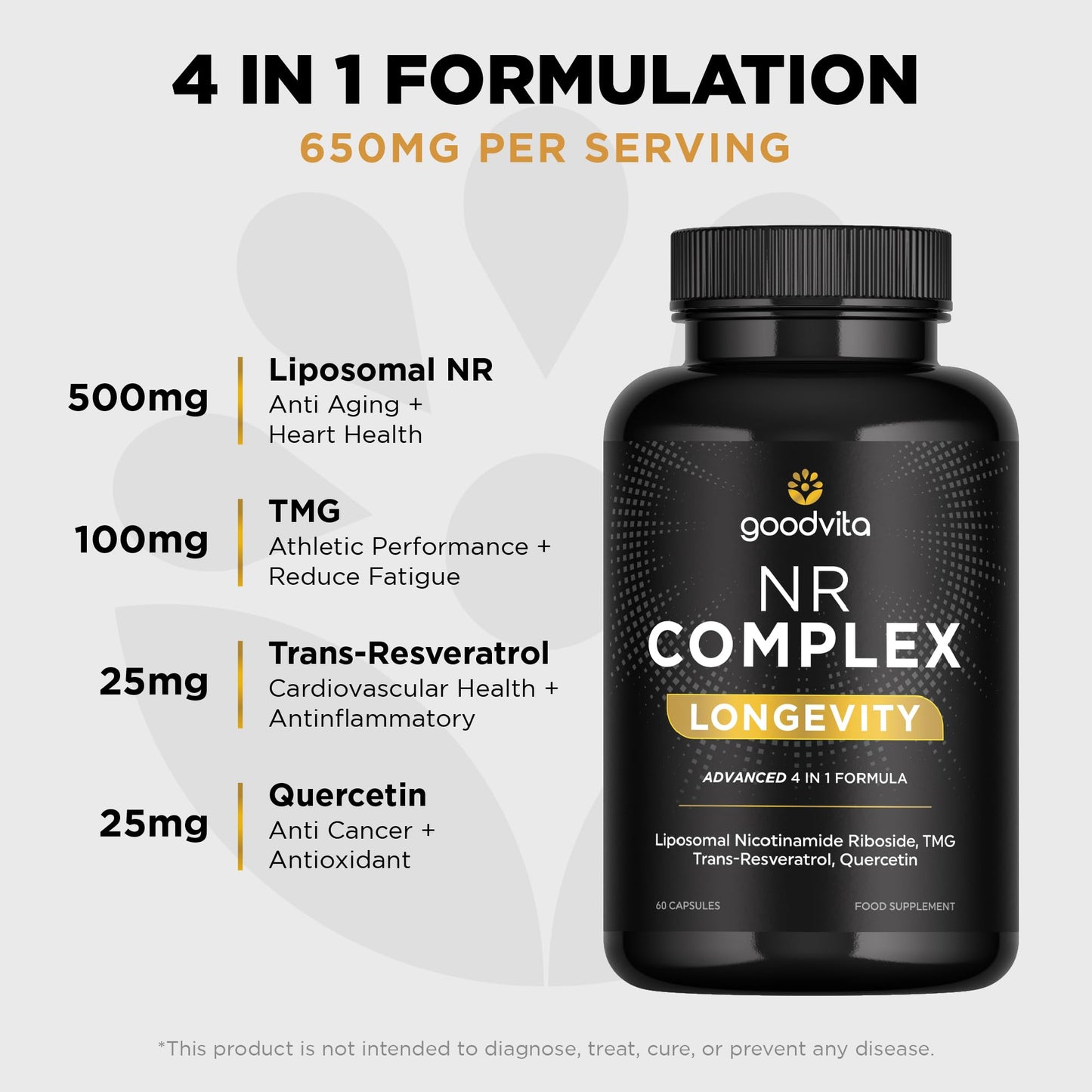 Goodvita Nicotinamide Riboside NR Supplement (4 in 1 Complex) 60 Caps, 2 Months Supply | UK Made | Boost NAD+ Anti-Aging | TMG Resveratrol Quercetin | Liposomal Highest Bioavailability