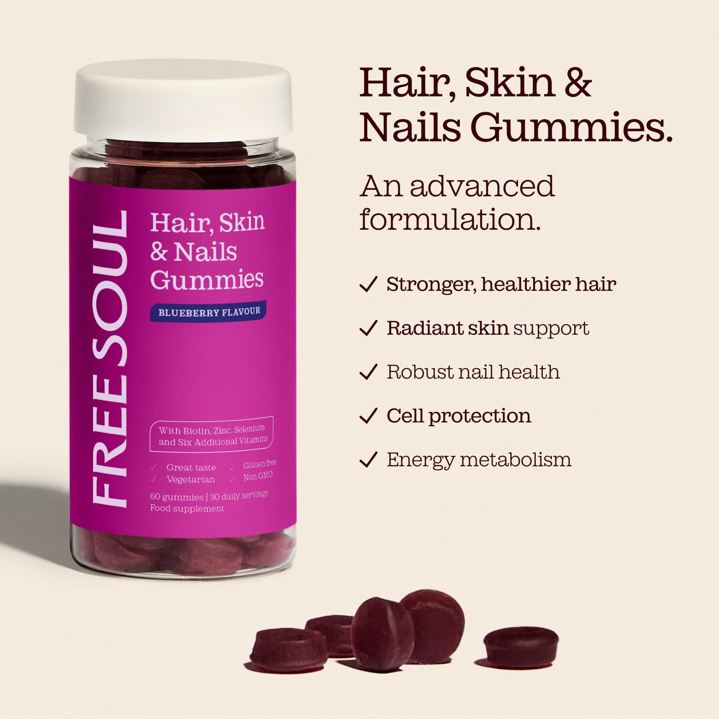 Free Soul Biotin Hair Supplement | Delicious Hair, Skin & Nails Gummies | Chewable Hair, Skin, and Nails Vitamins | Biotin with Vitamins B6, B12, Zinc, Selenium, E, A, C & D | 60 Gummies