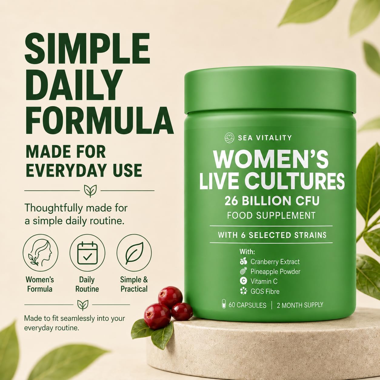 Sea Vitality Women's Live Cultures Food Supplement - 26 Billion CFU, 6 Selected Strains with Cranberry Extract, Pineapple Powder, GOS & Vitamin C - 60 Capsules, 1-a-Day Formula for Women, 60 Day Supply