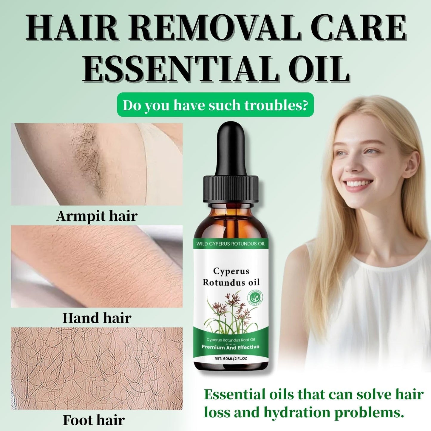Cureluxe 2pcs Cyperus Oil for Hair Removal，With Natural Grass for Reducing Body Hair Growth, for Hair Growth Inhibitor,Body Moisturiser & Glow Remedy Oil for Women