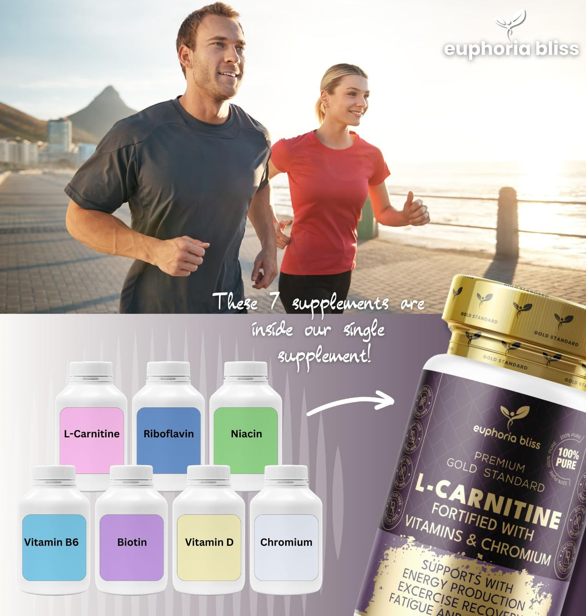 Euphoria Bliss L-Carnitine Capsules 3000mg - L-Carnitine Formula with Vitamins D & B - High Strength L-Carnitine Tartrate Supplement – 120 Vegan Tablets – Supports Energy, Metabolism, & Reduces Tiredness & Fatigue