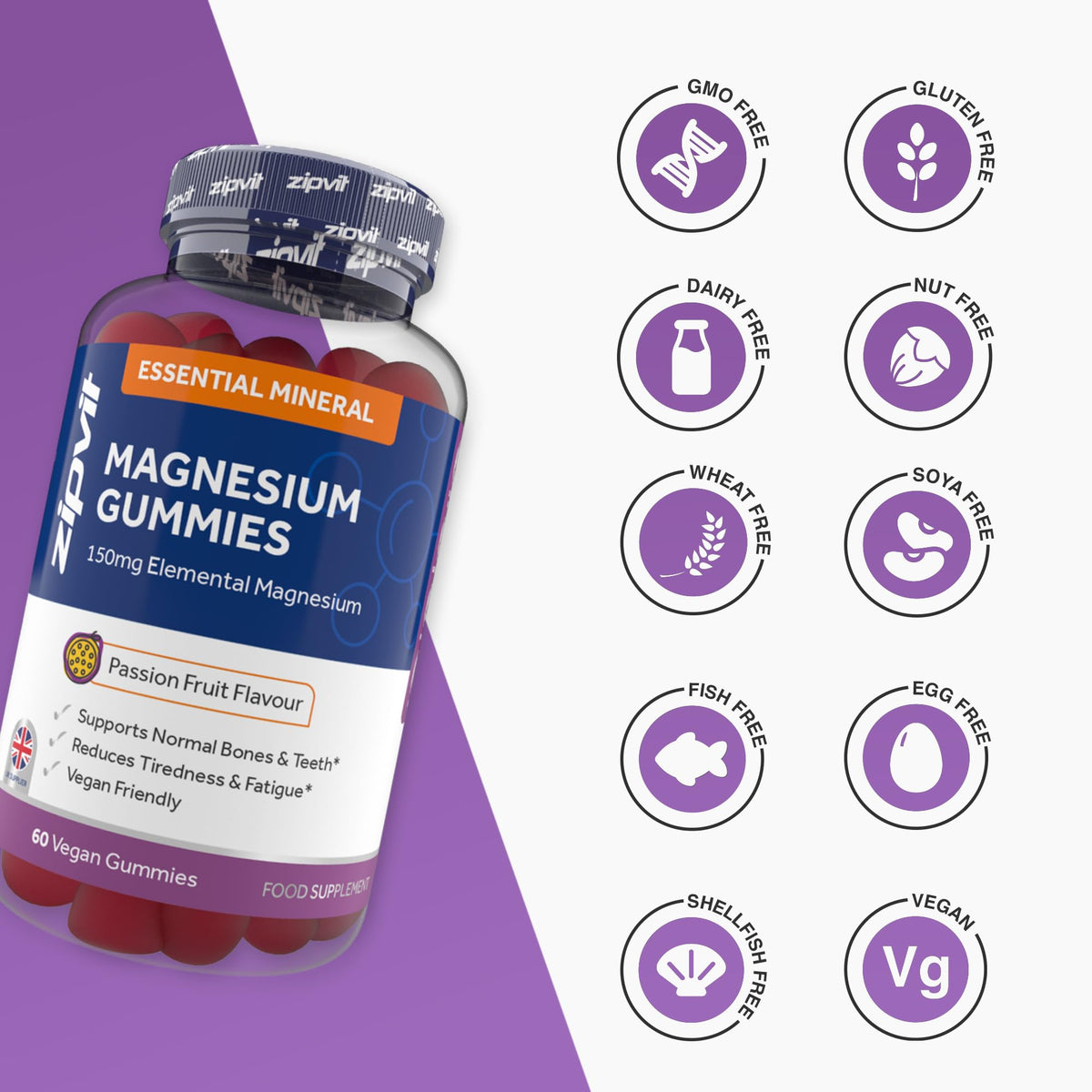 Zipvit Magnesium Gummies for Adults, 150mg Elemental Magnesium Citrate, Supports Energy, Muscle & Bone Health, Passionfruit Flavour, 60 Vegan Gummies, 1 Month Supply