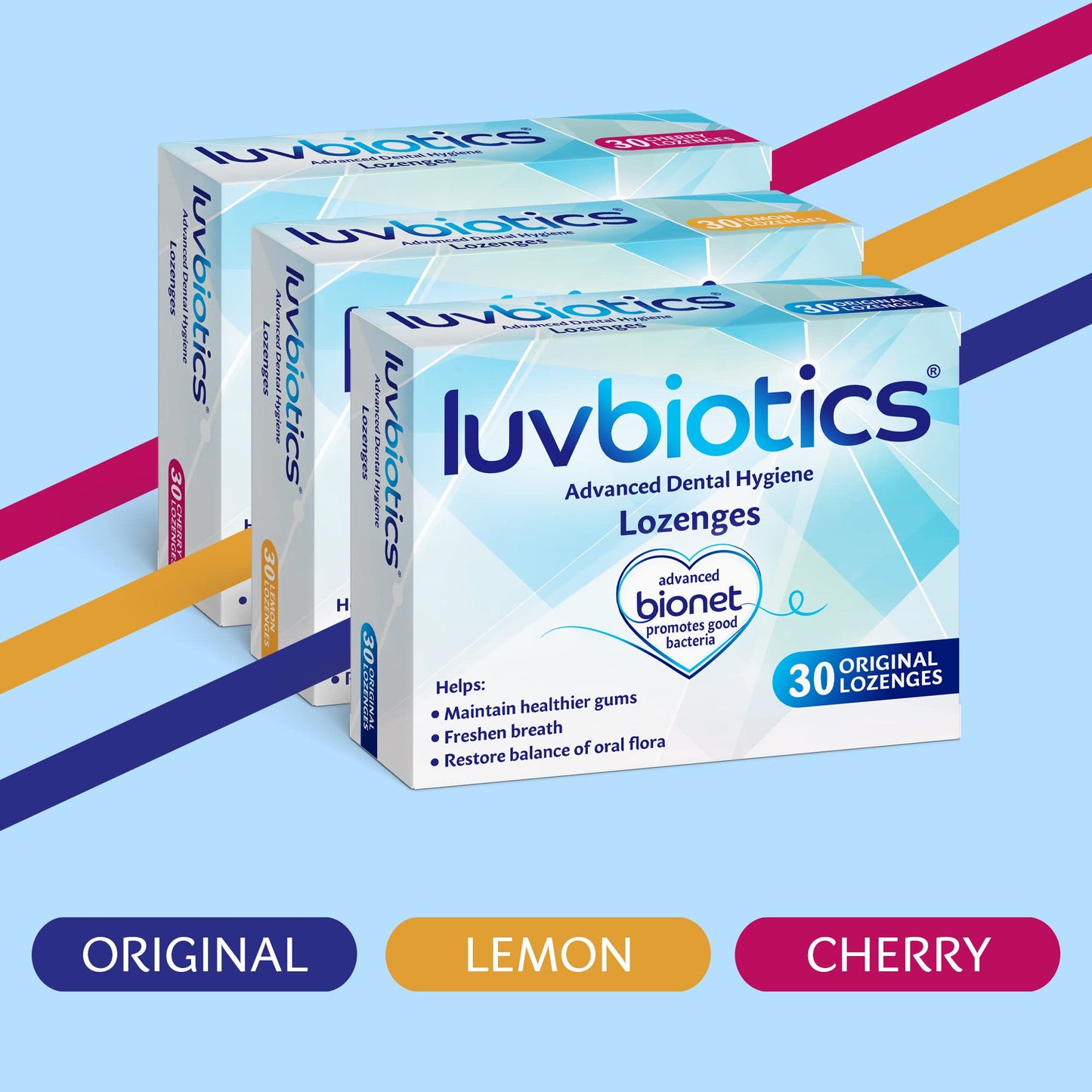 luvbiotics Original, Cherry & Lemon Flavour Lozenges (Each Flavour Pack of 30's) - Probiotics and Xylitol Promotes Good Bacteria for Fresh Breath and Healthy Teeth & Gums,Yellow