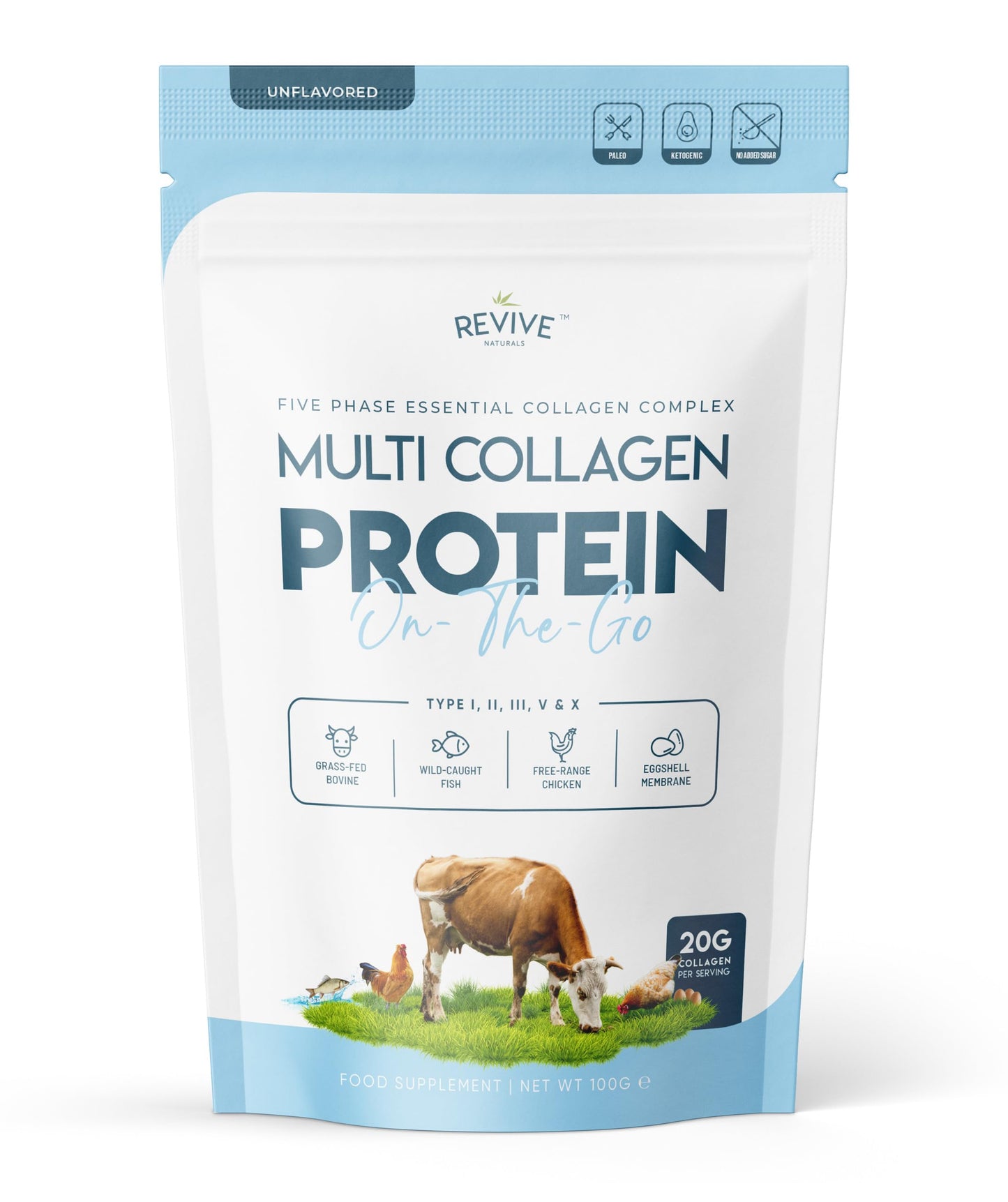 Revive Naturals Multi Collagen Protein Powder (100g) - Types I, II, III, V & X - Hydrolyzed Grass Fed Bovine, Wild Caught Fish, & Free-Range Chicken & Eggshell Collagen (5 Day Supply)