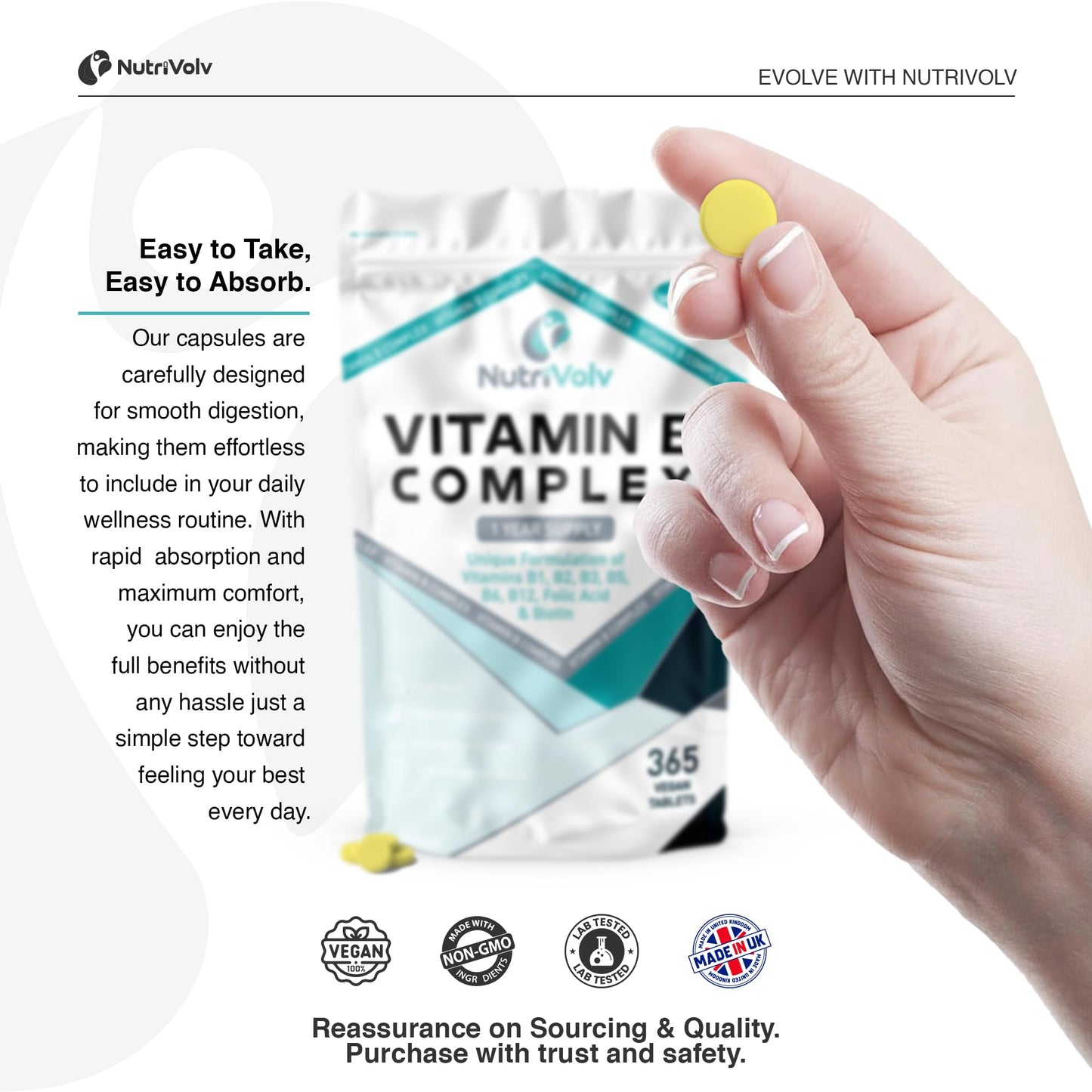 Vitamin B Complex | 365 Vegan Tablets (1 Year Supply) | Vitamin B1, B2, B3, B5, B6, B7 (Biotin), B9 (Folic Acid) & B12 | Reduction of Tiredness, Energy & Immune Support | Made in The UK | by NutriVolv
