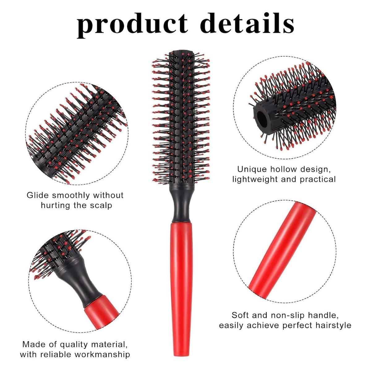 Generic Professional Quiff Roller Round Hair Brush with Red Rubber Grip Handle Slick Back, Curly Hair Brush Ideal round hair brush for men and Barbers rubber handle round brush