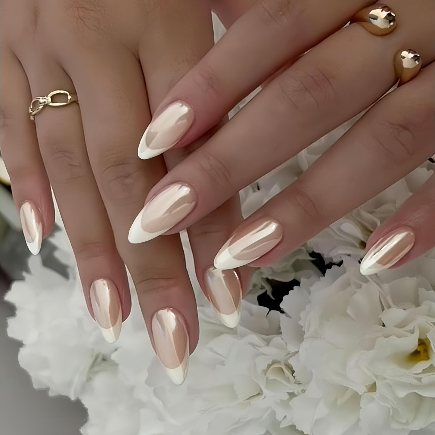 Chrome White French Tip False Nails Almond, SXVME Chrome Press On Nails Medium, Glazed French Tip Fake Nails Press on, Glitter Acrylic Nails Medium, Natural Nude Stick on Nails for Women Daily Wear