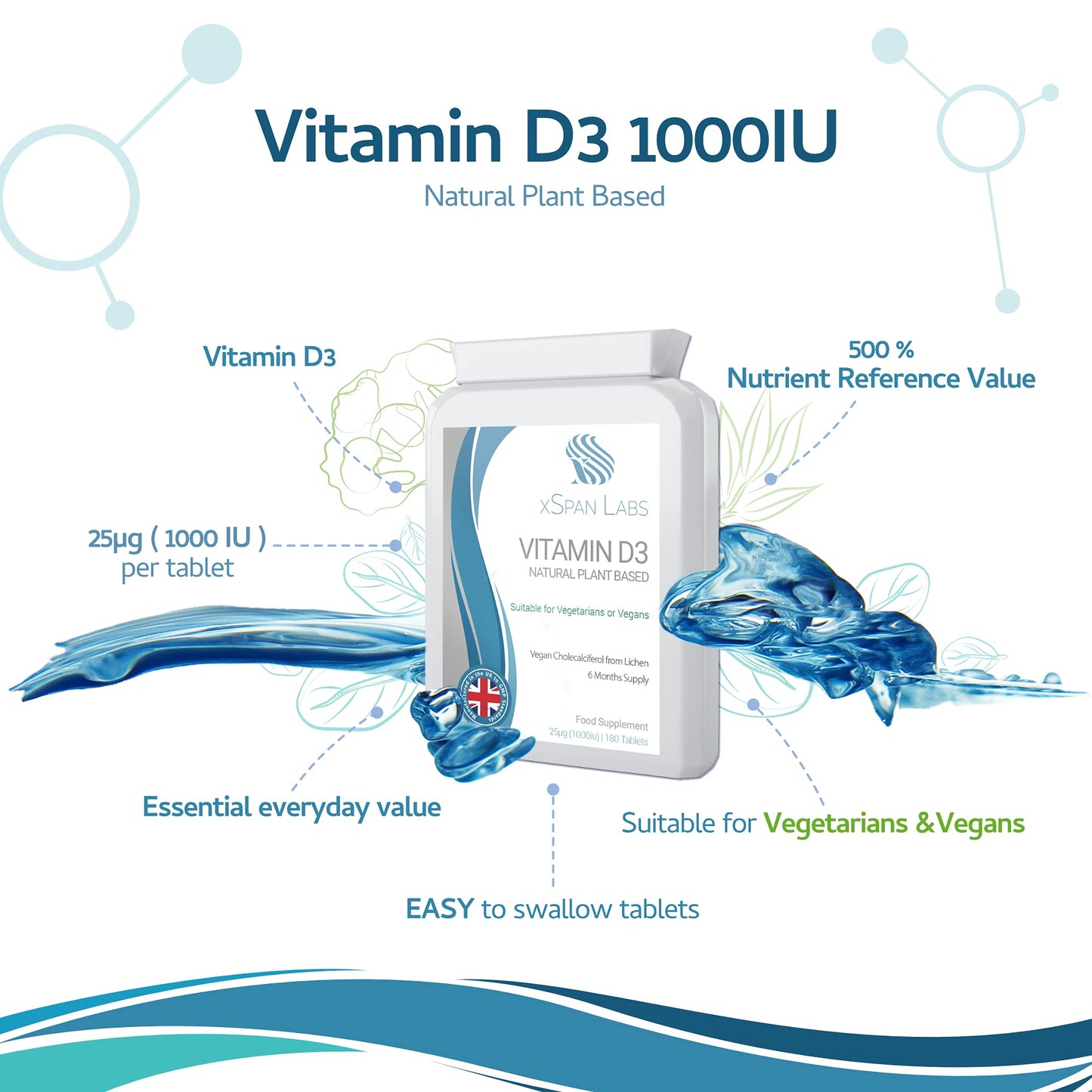 Vitamin D3 Natural Plant Based 25µg (1000 IU) 180 Tablets - Vegan Cholecalciferol from Lichen– Exclusively Manufactured in The UK