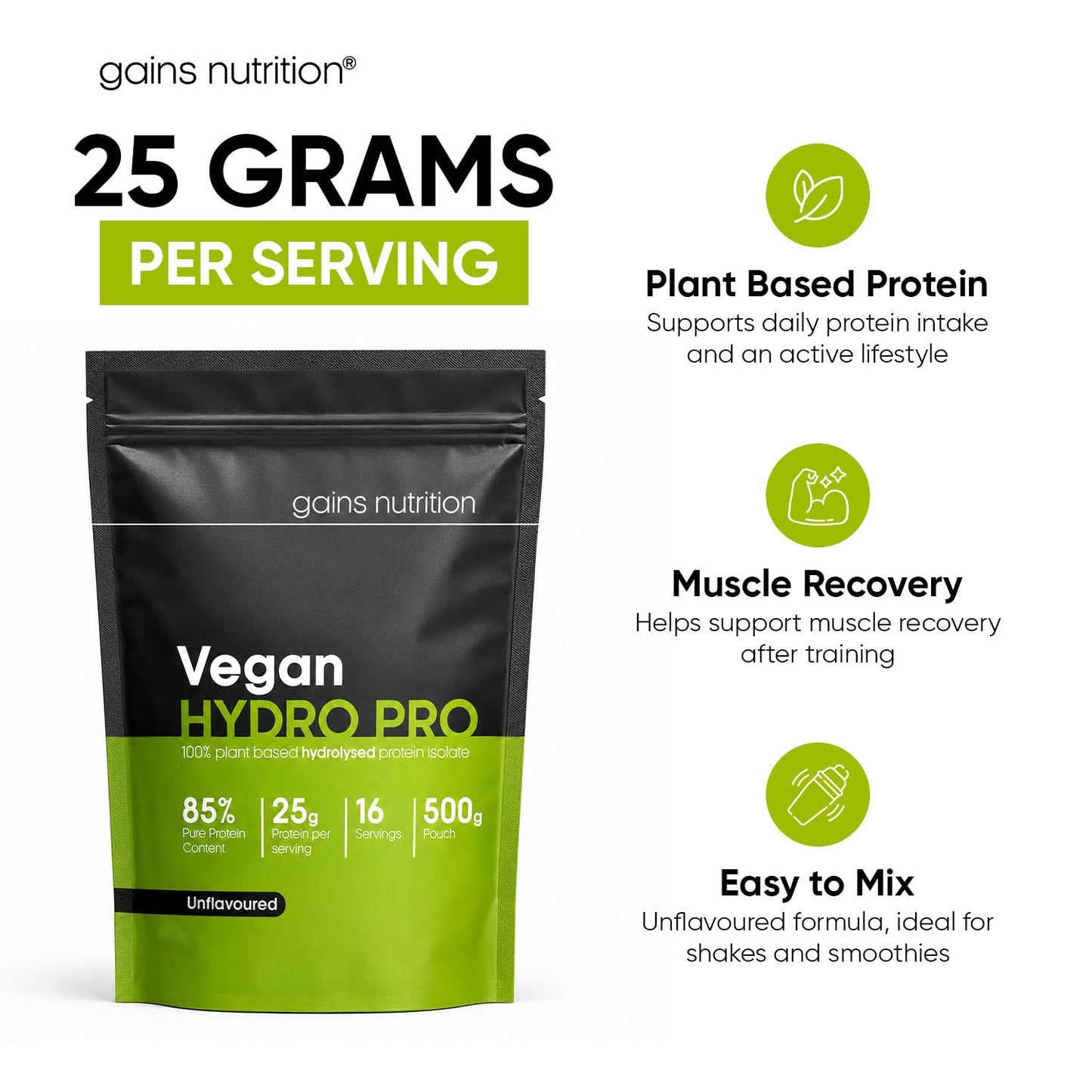 Gains Nutrition GN Vegan Hydro Pro Hydrolysed Protein Powder | 500g Unflavoured Pea - Hydrolysed Plant Based Protein-Powder | 25g per Serving | Pea-Protein Isolate | Non-GMO & Unsweetened