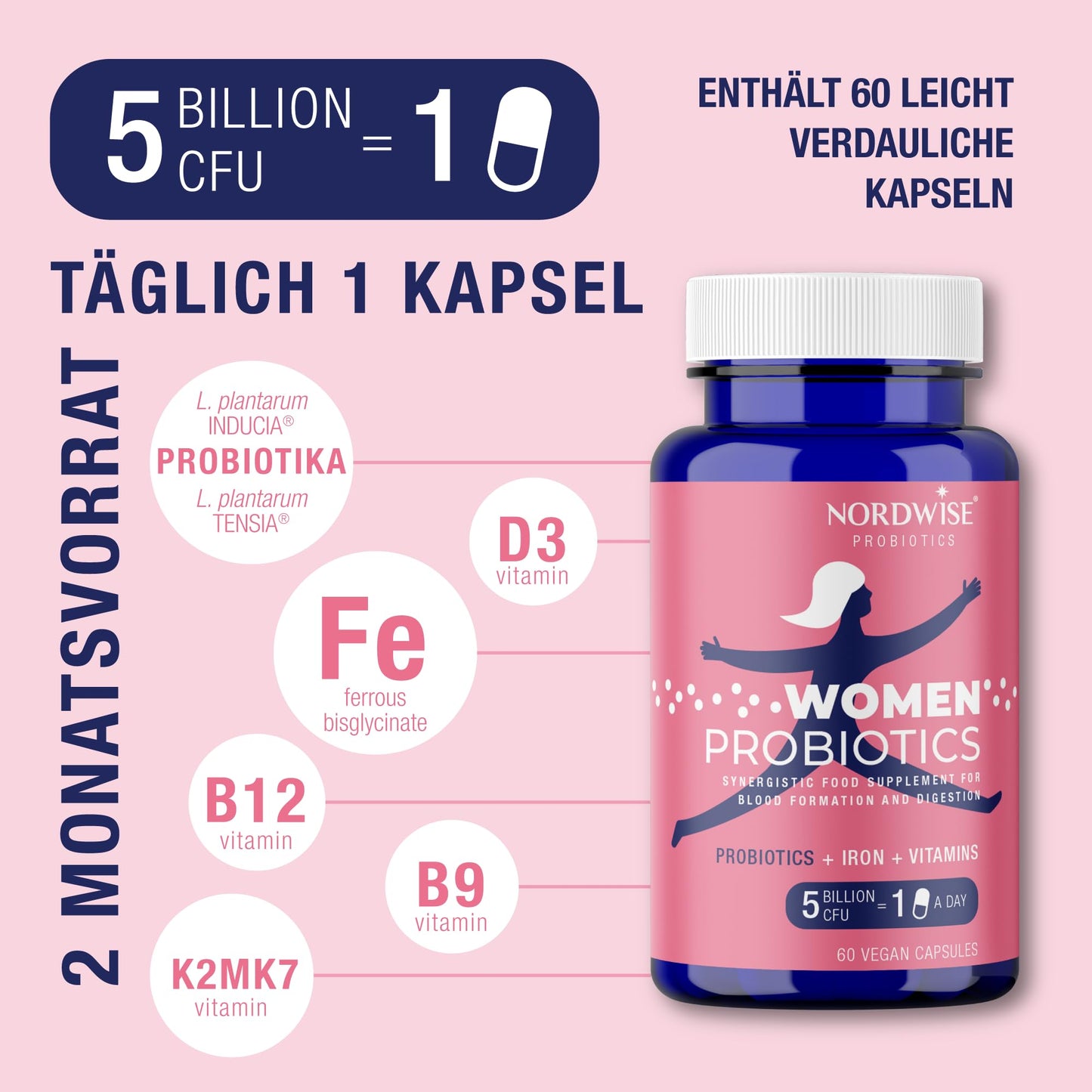 Probiotics for Women by Nordwise - Upgrade Your Gut Health I Pure Vegan Formula I Effective 5 Billion CFU I Made in EU I 60 Capsules I 2-Month Supply