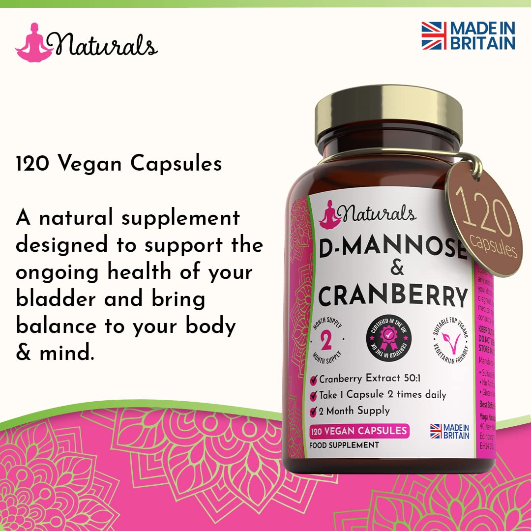 YOGANATURALS 120 D-Mannose and Cranberry Capsules - (2 Months Supply) 1000mg Extract Per Serving - UK Made Vegan Supplement (Not Tablets) - High Strength Natural UTI Support for Women & Men