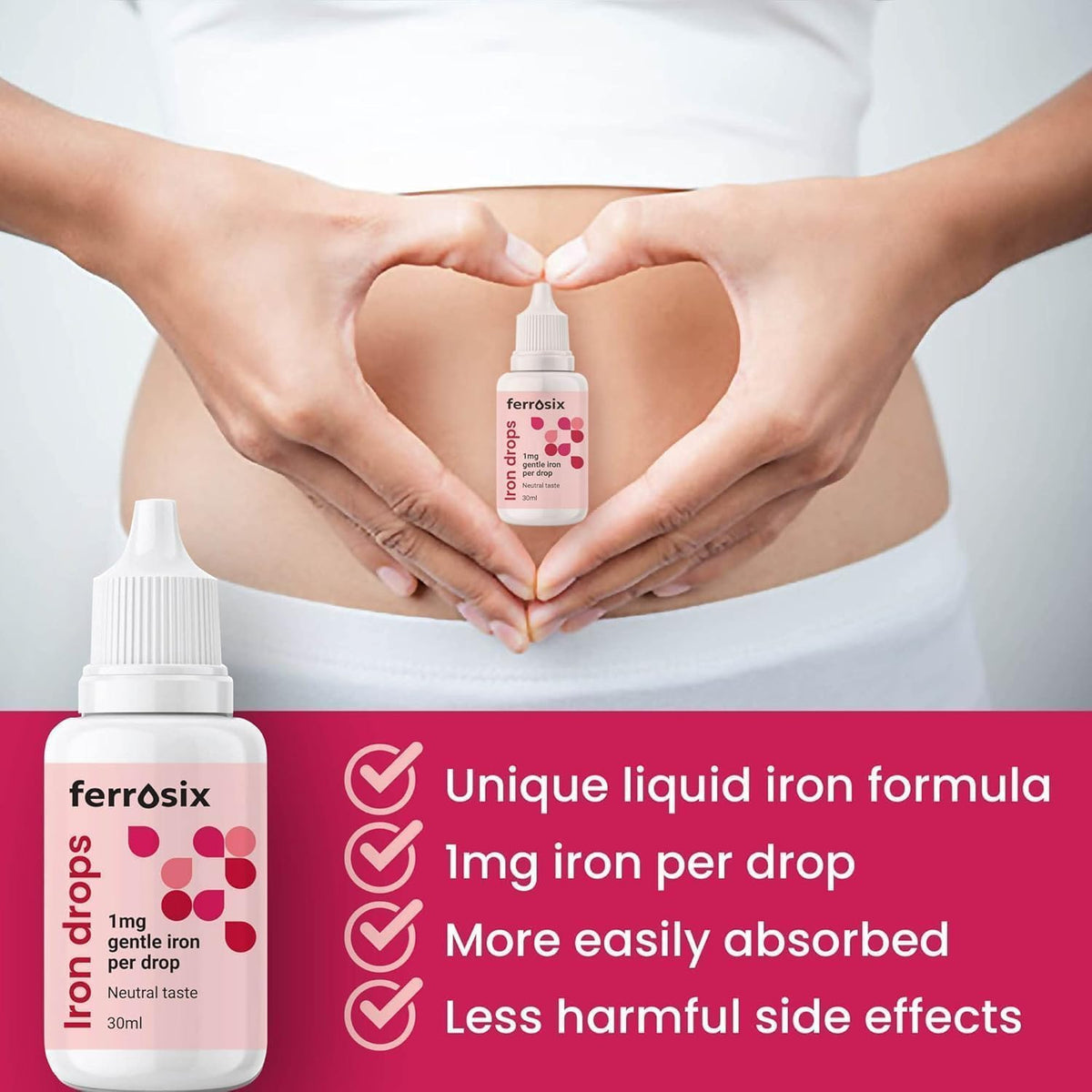 Ferrosix Iron Drops - Gentle, High Strength Liquid Supplement - Iron Deficiency & Anaemia Support - Integrated Dropper Cap - Ferrous Bisglycinate + Vitamin C - Vegan - 30 ml
