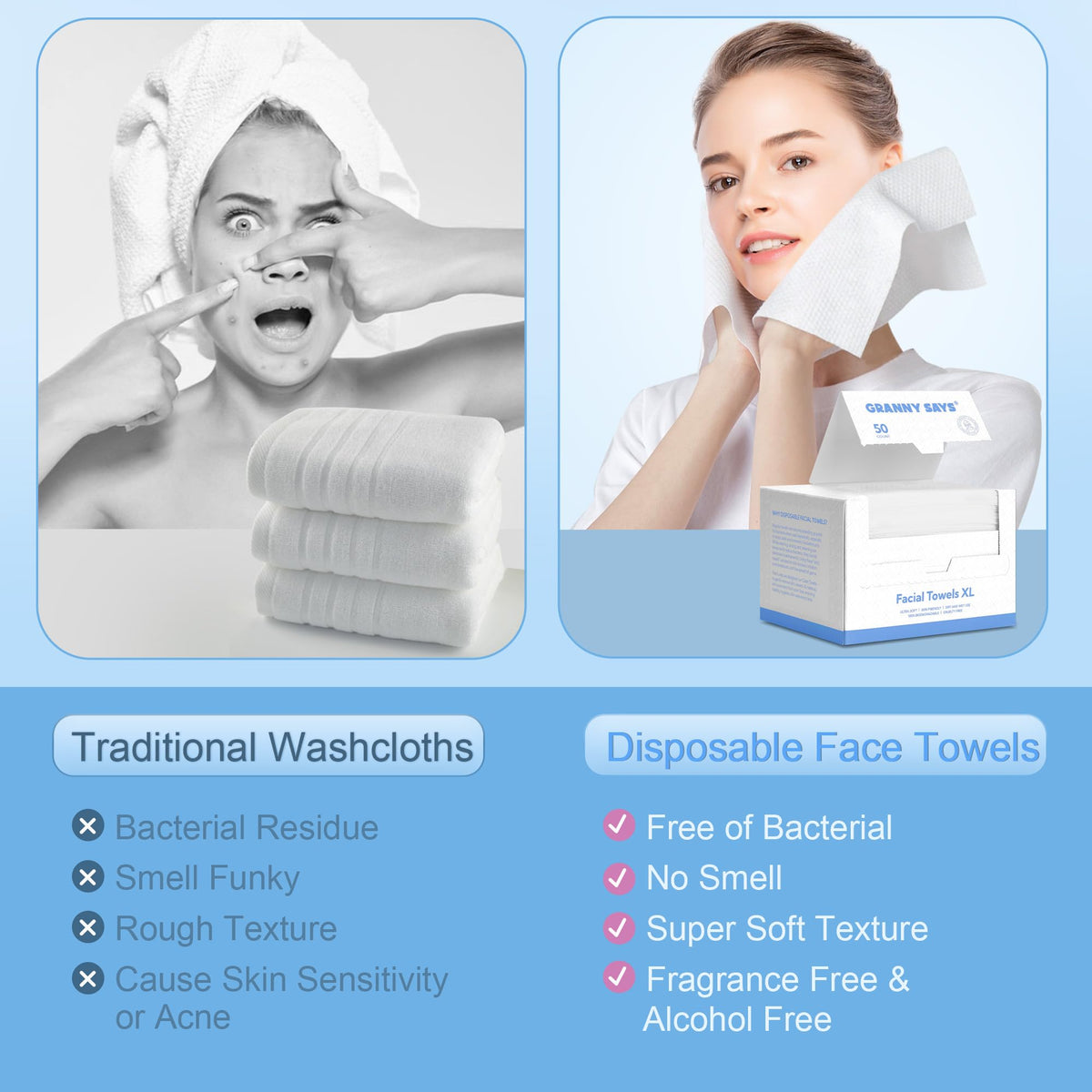 GRANNY SAYS Disposable Face Towels, 50 Count Soft Facial Wipes for Sensitive Skin, Disposable Face Cloths, Makeup Remover Dry Wipe, XL Facial Clean Towels for Makeup Removing, Cleansing Wipes