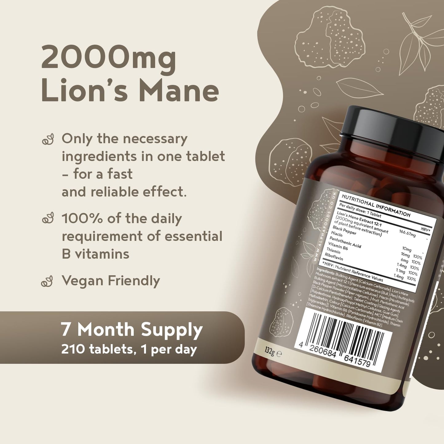 Lions Mane Mushroom Extract Supplement 2000mg - 210 High Strength Vegan Tablets with Black Pepper - High Potency Mushroom + B Vitamins B1-B2-B3-B5-B6 - Support Brain & Mental Performance - Alpha Foods