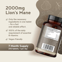Lions Mane Mushroom Extract Supplement 2000mg - 210 High Strength Vegan Tablets with Black Pepper - High Potency Mushroom + B Vitamins B1-B2-B3-B5-B6 - Support Brain & Mental Performance - Alpha Foods