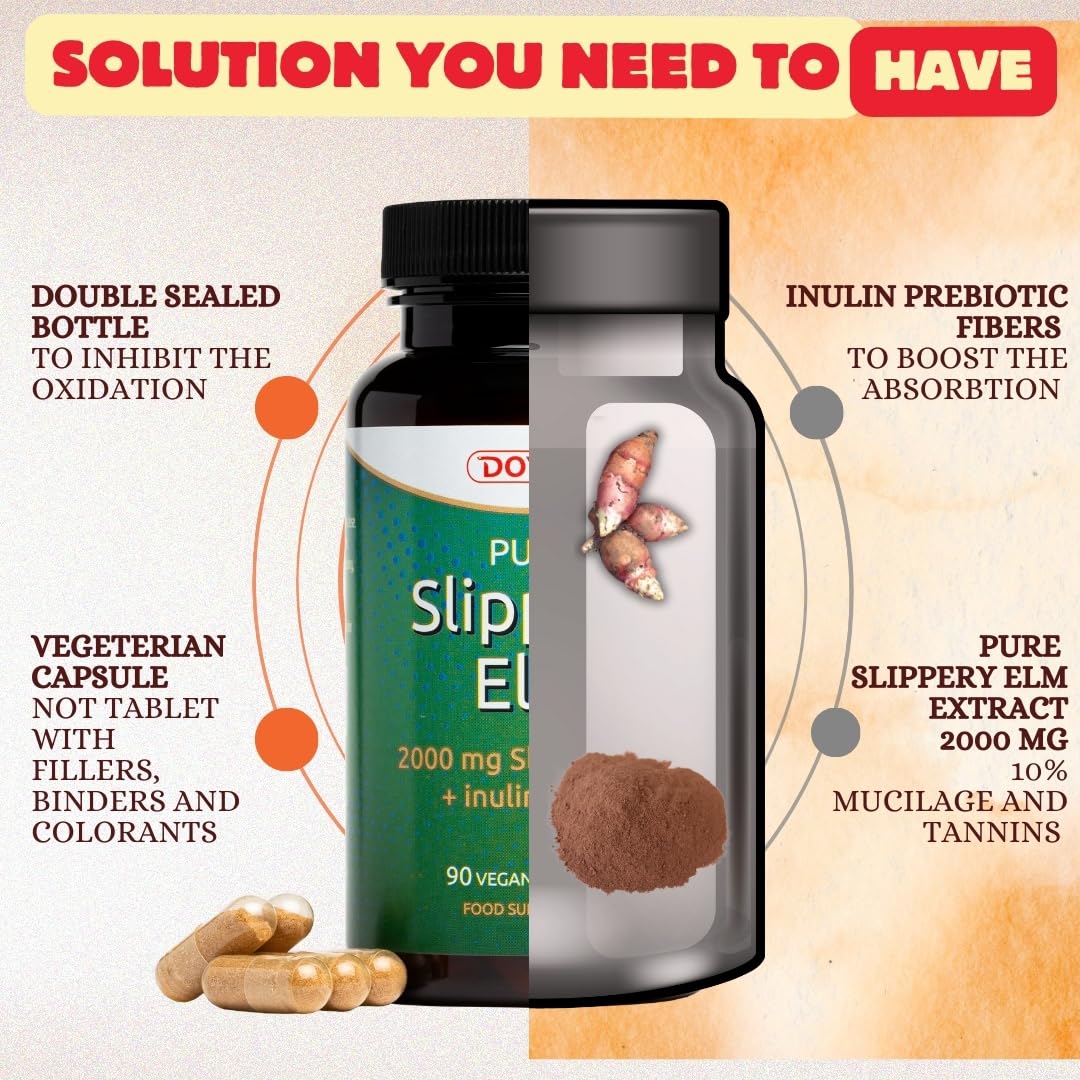 DOYCH Potent Slippery elm Organic bark - 2000mg Pure Slippery Elm 10:1 Extract - Natural Solution to Enhance Gut Health & Stomach Discomfort. NO Added Preservatives & Colorants - 3 Months Supply by Doych