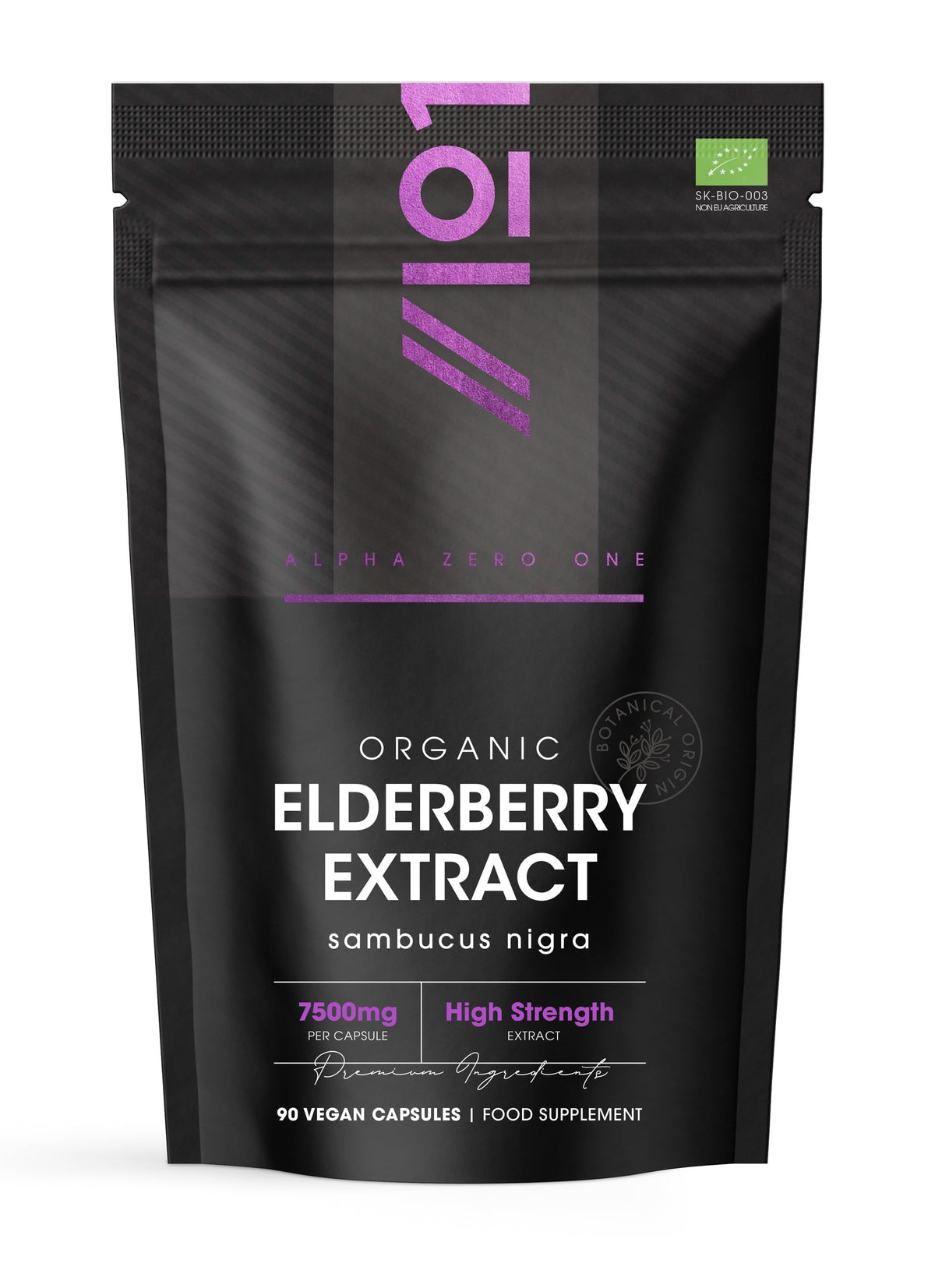 ALPHA01 Organic Elderberry Extract 7500mg – High Strength Black Sambucus Extract – 90 Vegan Capsules (3 Months Supply) – Resealable and Recyclable Pouch – by Alpha01